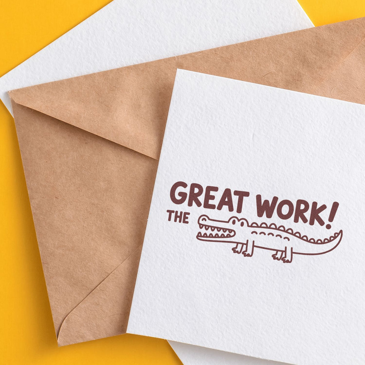 Great Work! crocodile rubber stamp on greeting card with kraft envelope for custom stationery and packaging.