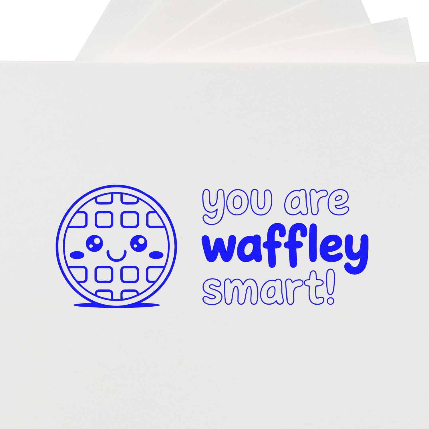 Waffle-themed rubber stamp design reading you are waffley smart! with a cute smiling waffle icon.