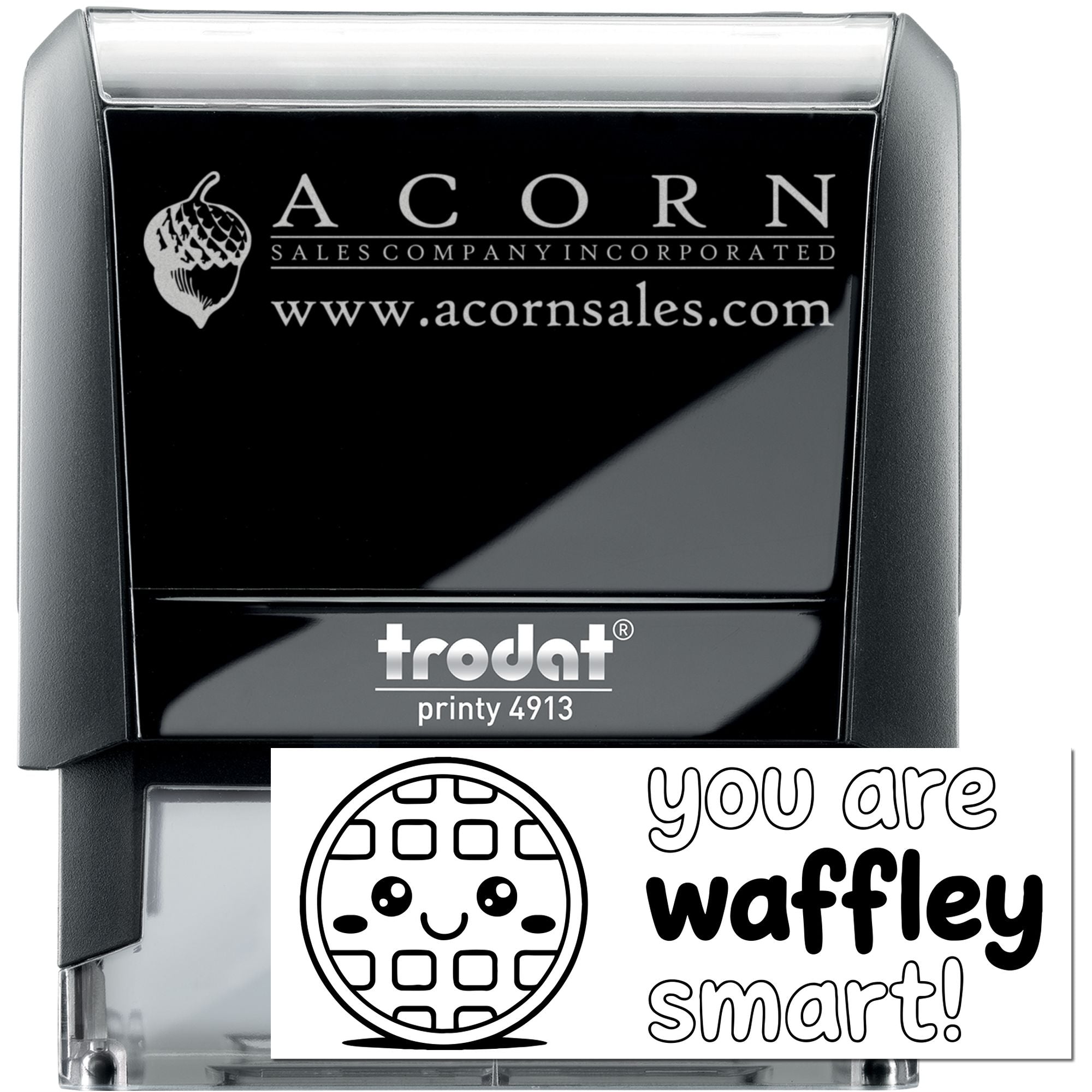 Custom self-inking rubber stamp, Trodat Printy 4913, with Acorn Sales logo and sample imprint for business branding.