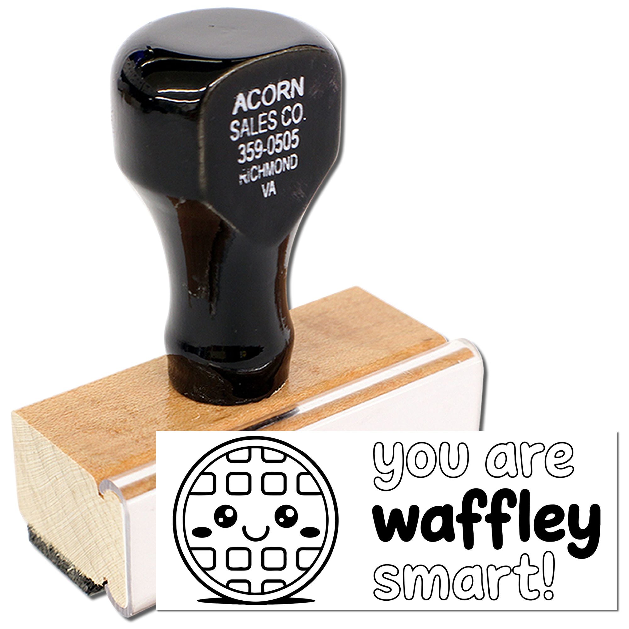 Wooden rubber stamp with You are waffley smart! design for fun teacher rewards, classroom crafts, and gift packaging.