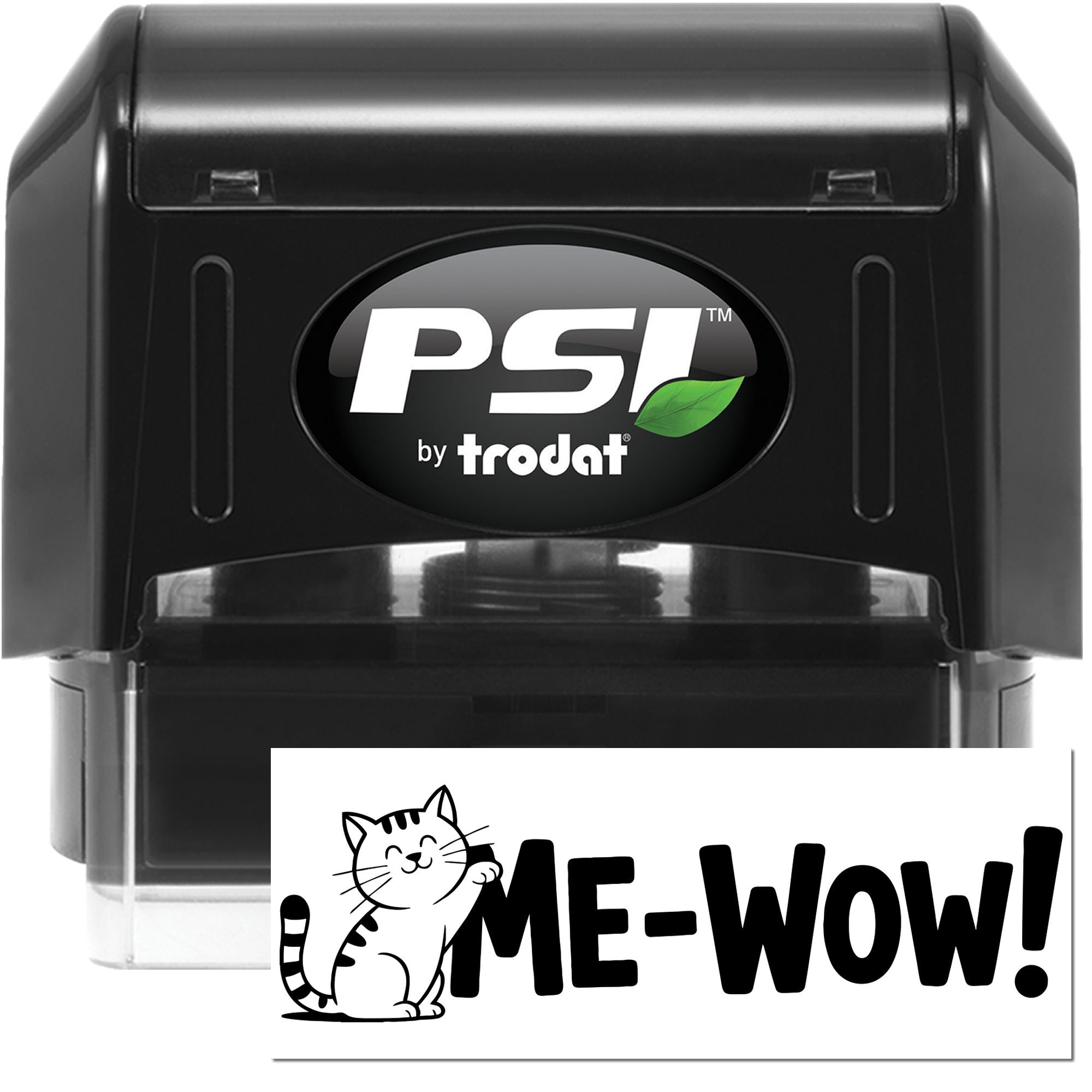 PSI by Trodat self-inking rubber stamp featuring Me-Wow cat design for fun pet-themed cards, crafts, and office use.