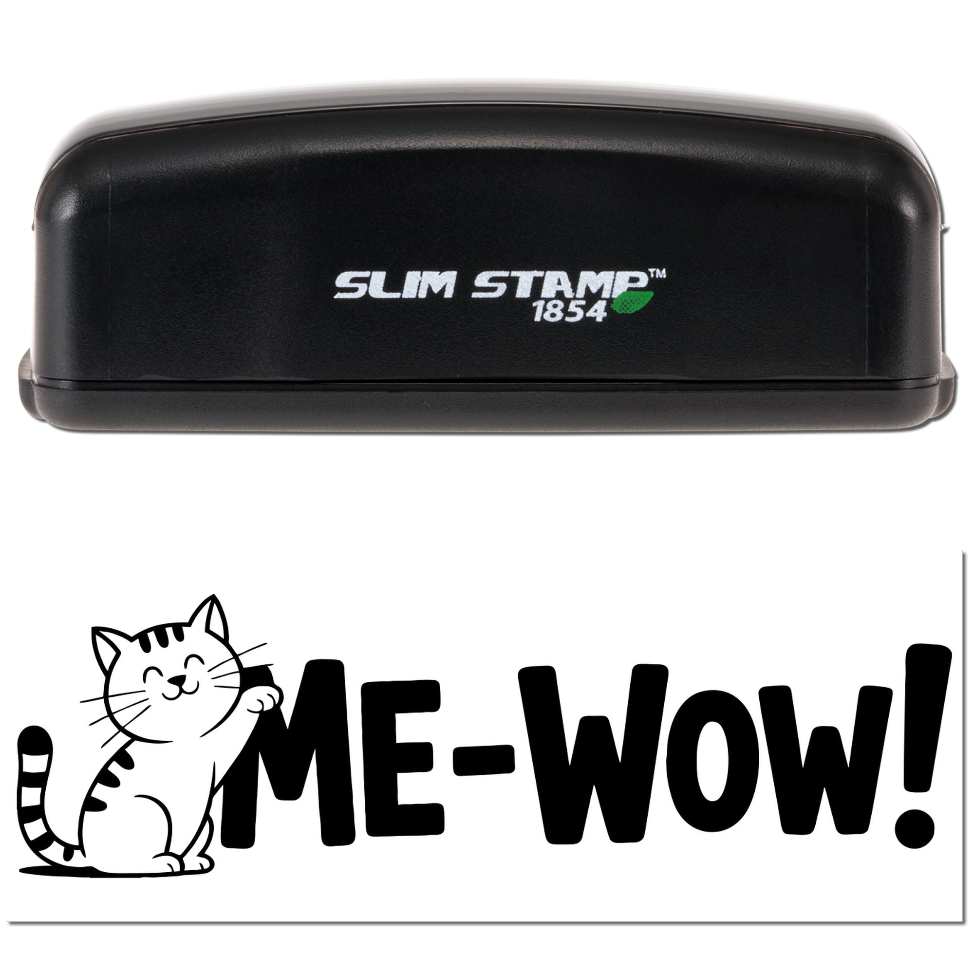 Slim Stamp 1854 self-inking rubber stamp with cat ME-WOW! design for pet-themed crafts and packaging.