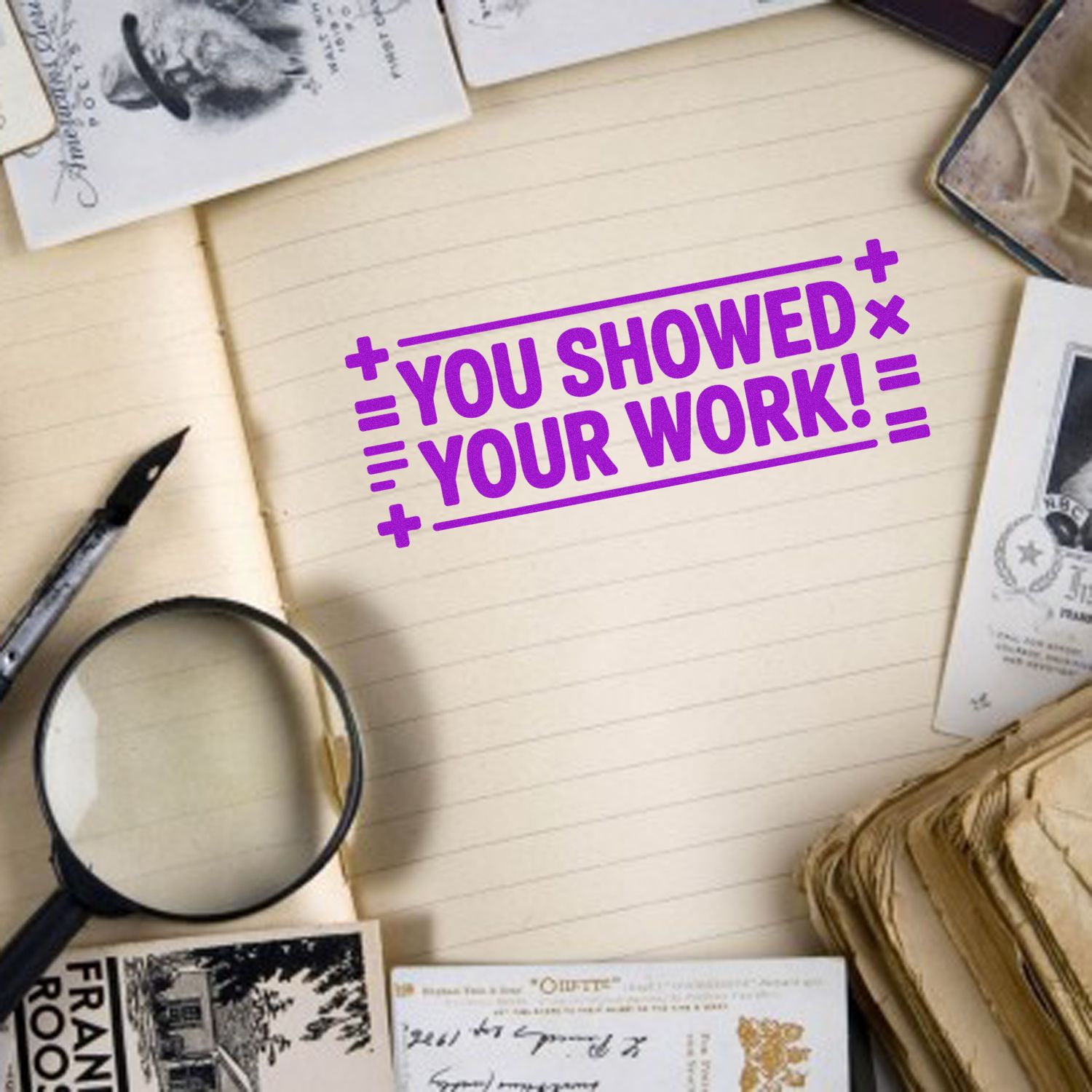 Purple You Showed Your Work! rubber stamp design on a notebook page, styled with stationery for planners and journaling.