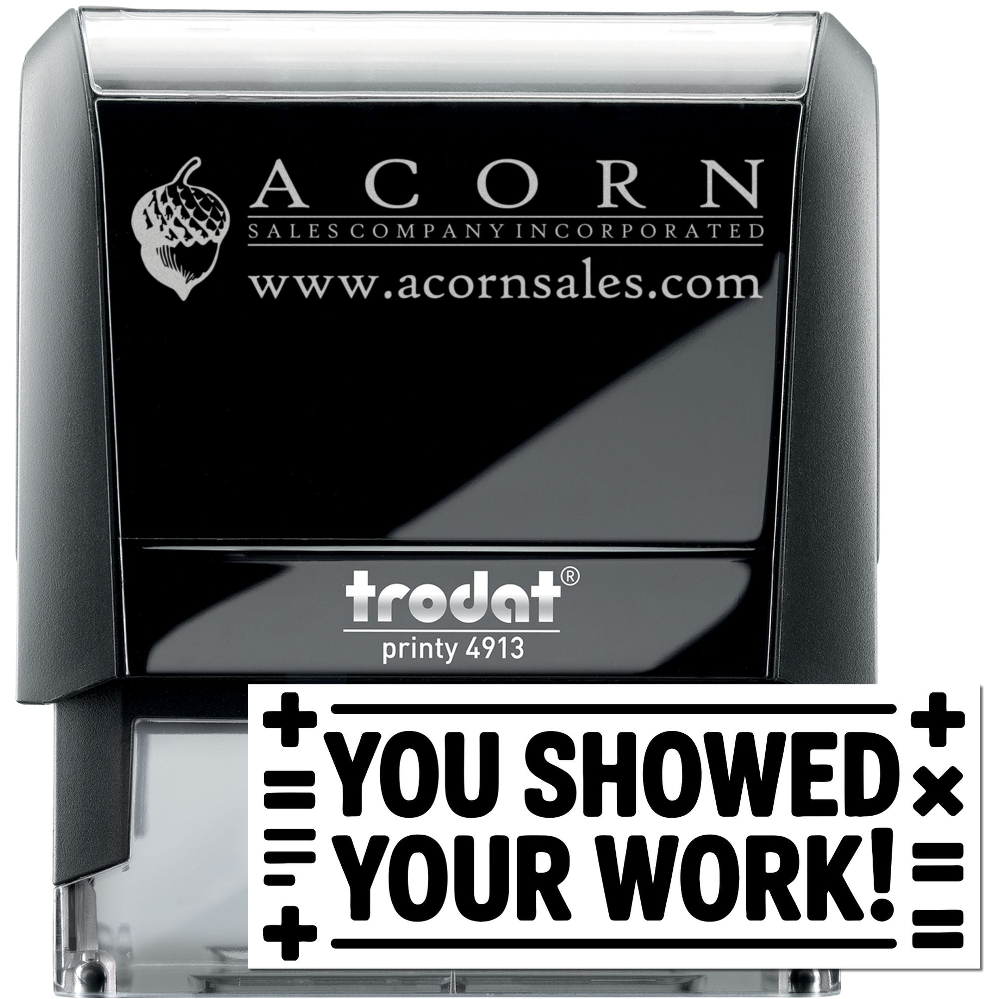Custom self-inking rubber stamp Trodat Printy 4913 with Acorn Sales logo, website, and sample business imprint.