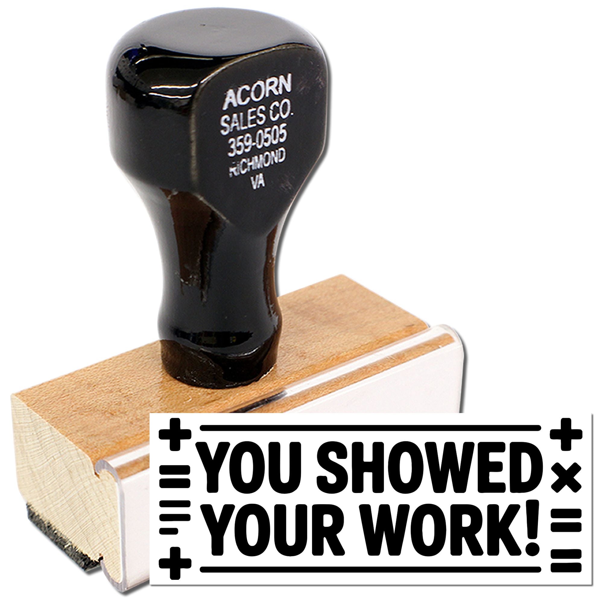 Close-up custom rubber stamp with You Showed Your Work! message, ideal for teacher grading and classroom feedback.