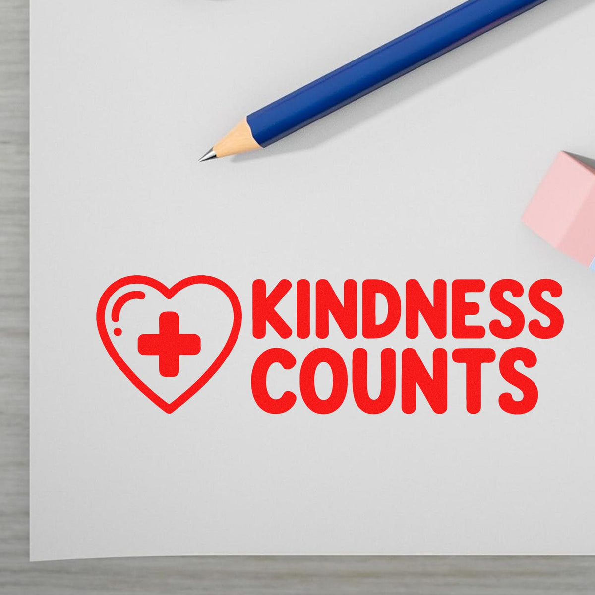 Kindness Counts rubber stamp design with heart and plus icon for school, office, or charity projects