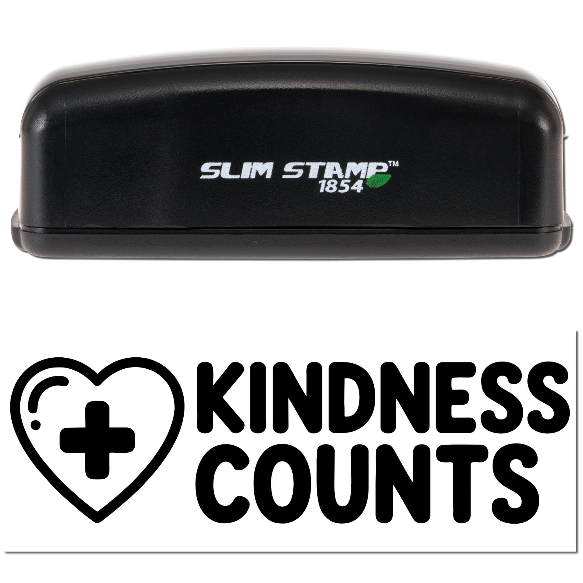 Slim Stamp 1854 rubber stamp with Kindness Counts heart and cross design for uplifting, nonprofit, and medical labeling.