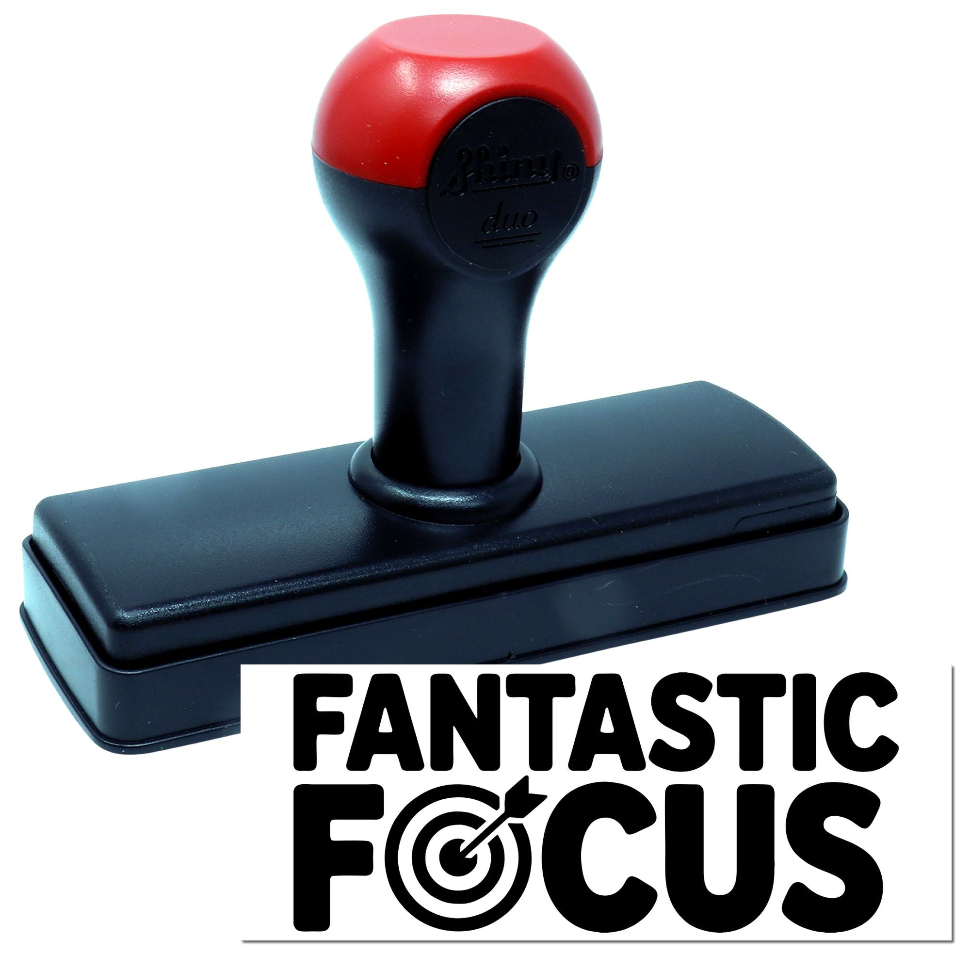 Self-inking rubber stamp with Fantastic Focus logo for custom business branding and office use.