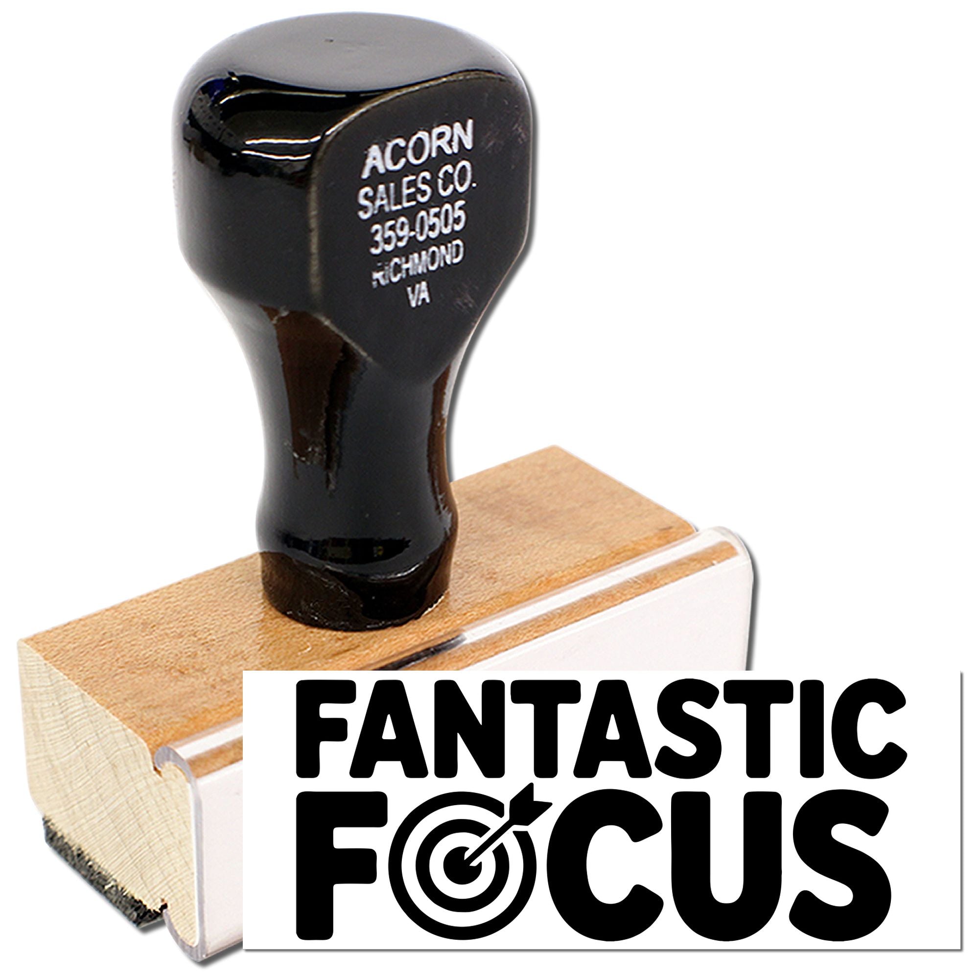 Custom rubber stamp for branding, featuring the Fantastic Focus logo on a wooden handle for office and business use.
