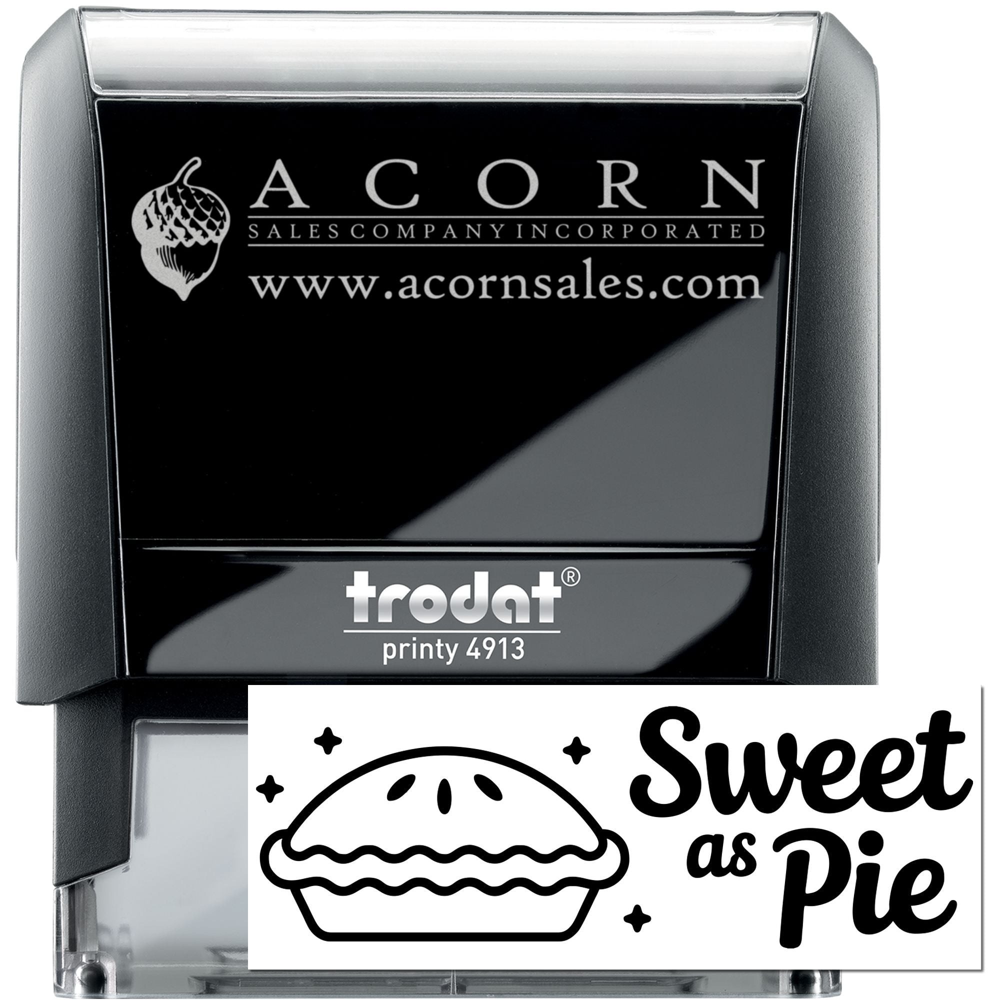 Trodat Printy 4913 self-inking rubber stamp with custom logo and Sweet as Pie bakery design sample.