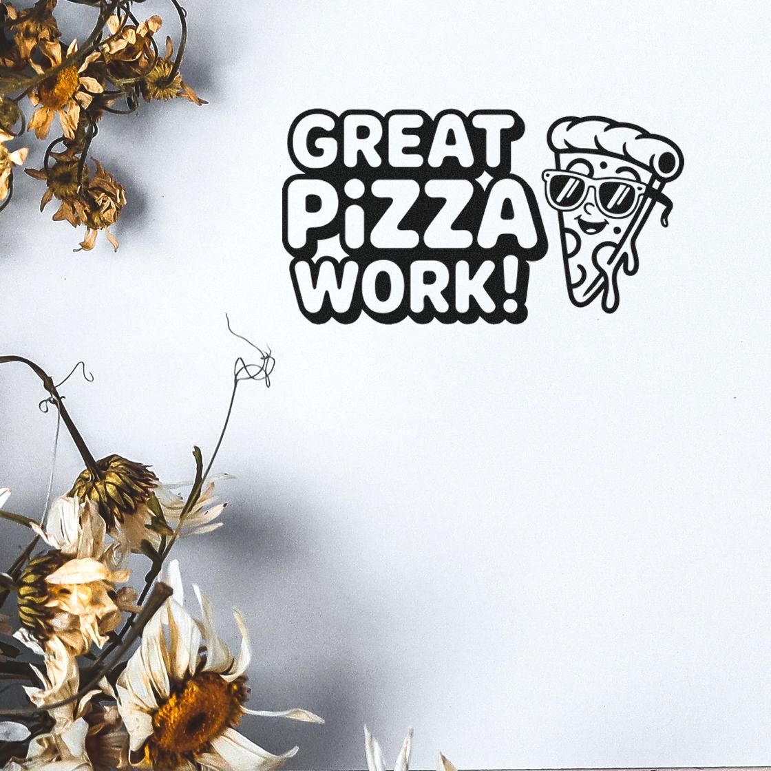 Funny Great Pizza Work rubber stamp design with smiling pizza slice, ideal for pizzeria packaging, rewards, and crafting.