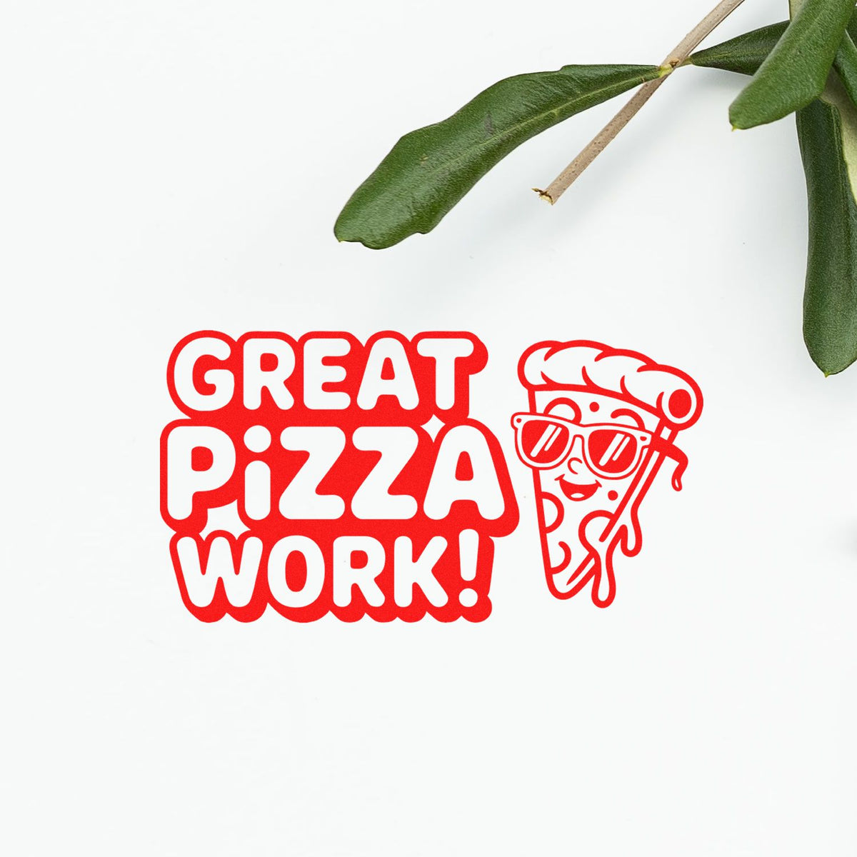 Great Pizza Work red rubber stamp with cool pizza slice design for pizzeria packaging, orders, and customer rewards.