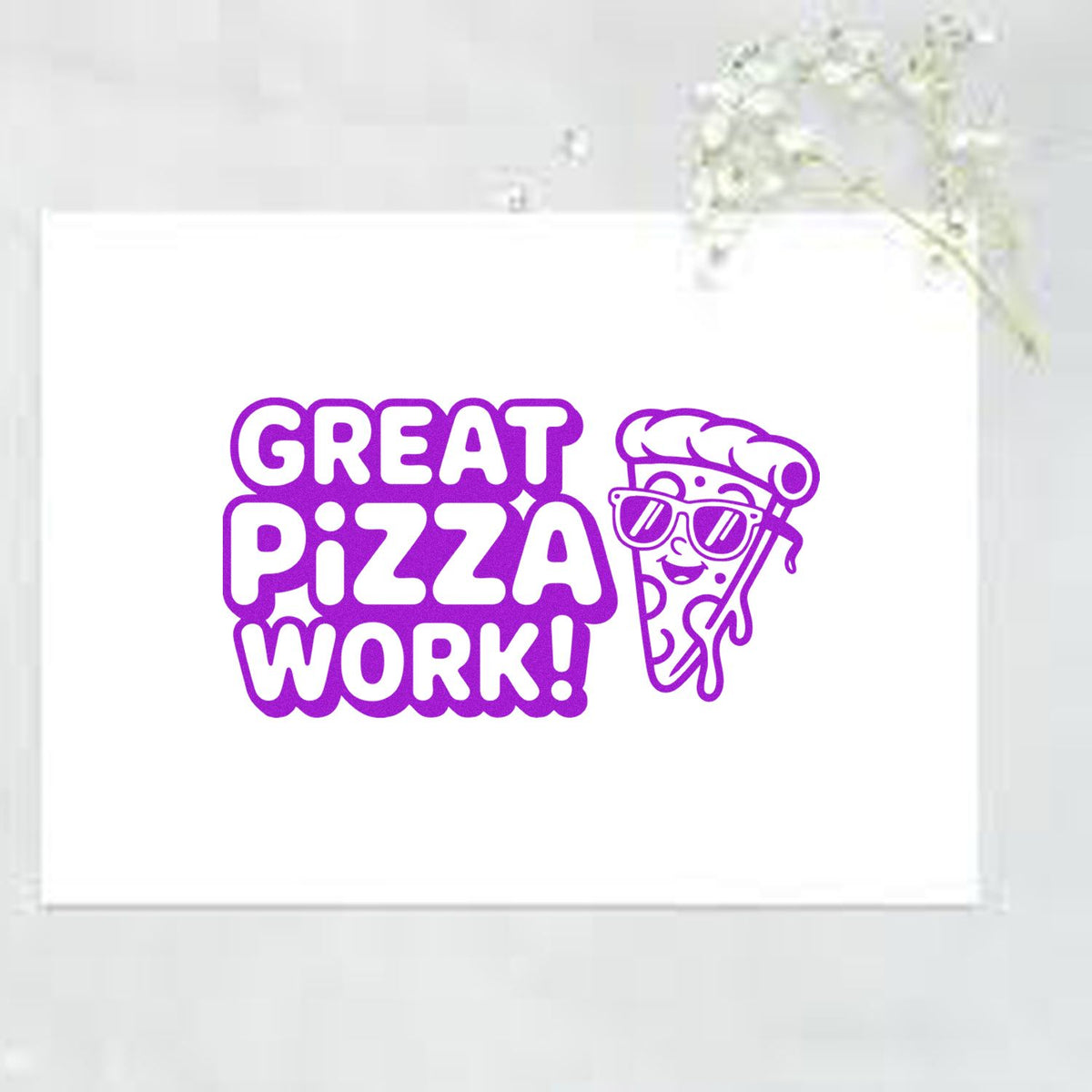 Great Pizza Work! rubber stamp design with a cool pizza slice, perfect for pizzeria packaging and food business branding.