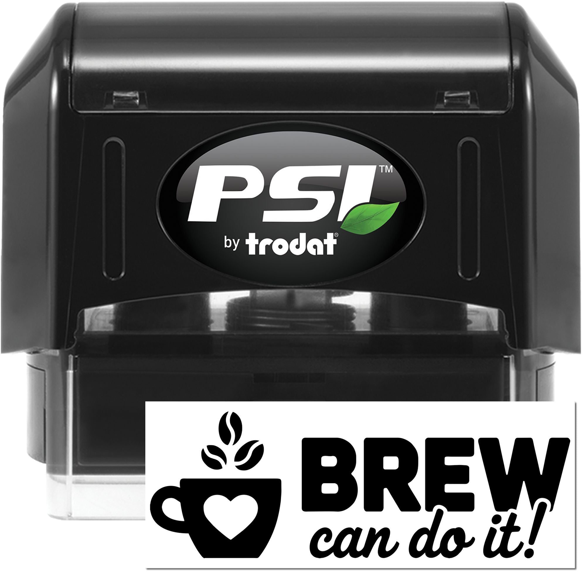 PSI by Trodat self-inking rubber stamp with custom Brew can do it! coffee logo for cafe branding.