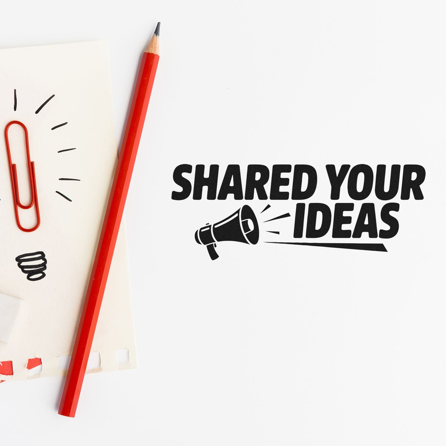 Custom rubber stamp reading Shared Your Ideas with megaphone icon for brainstorming, feedback, and creative sharing.