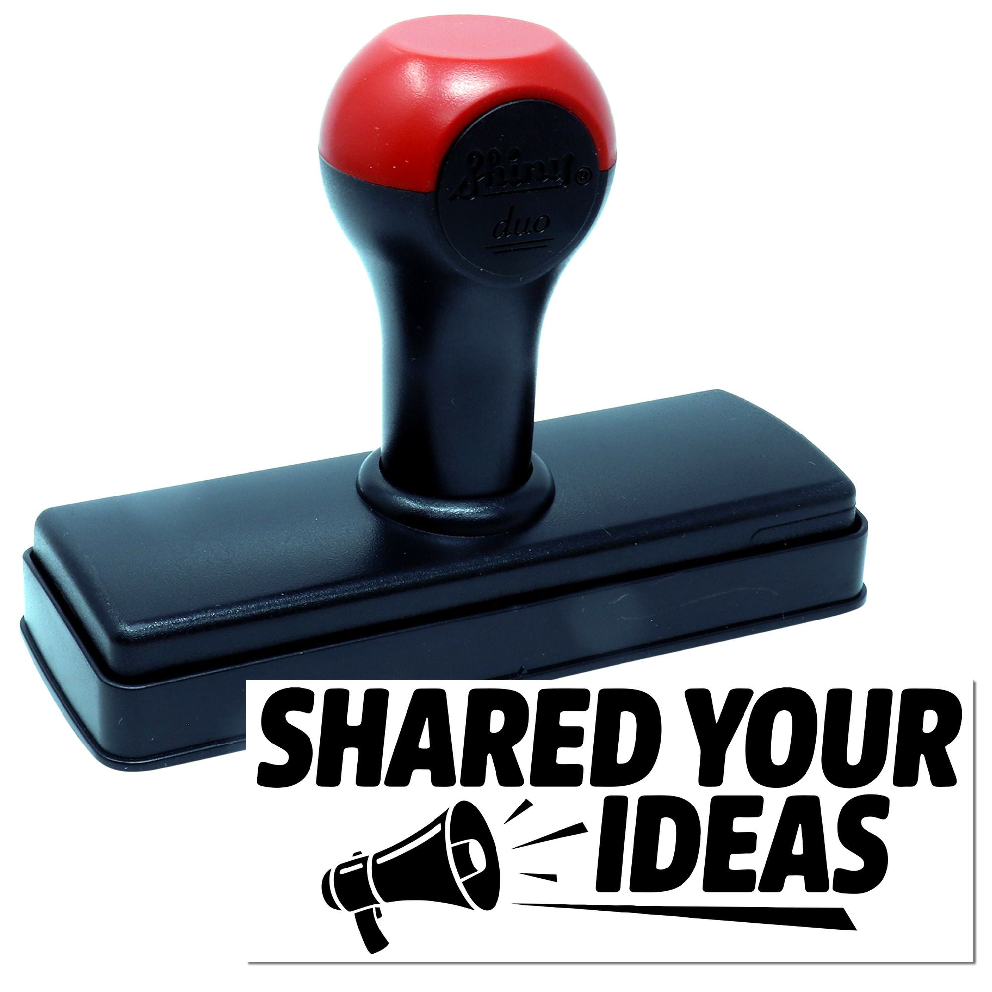 Self-inking rubber stamp featuring Shared Your Ideas megaphone design for creative feedback and promotional messaging.