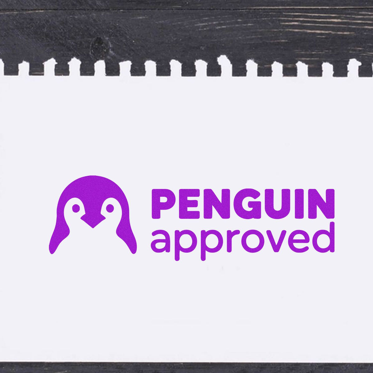Purple Penguin Approved rubber stamp design with penguin icon for crafts, packaging, and business use.