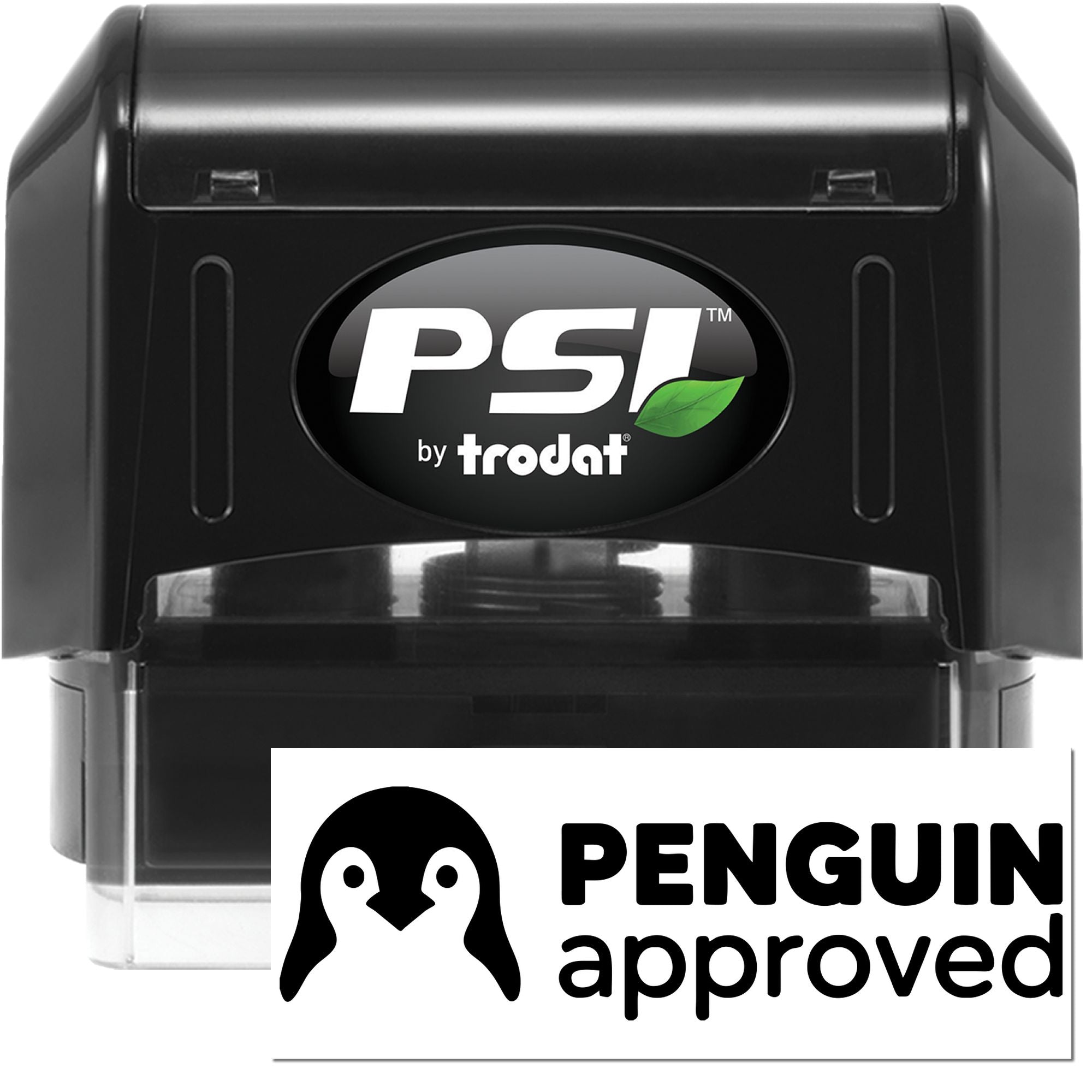 PSI by Trodat self-inking rubber stamp with Penguin Approved imprint for custom branding and office use.