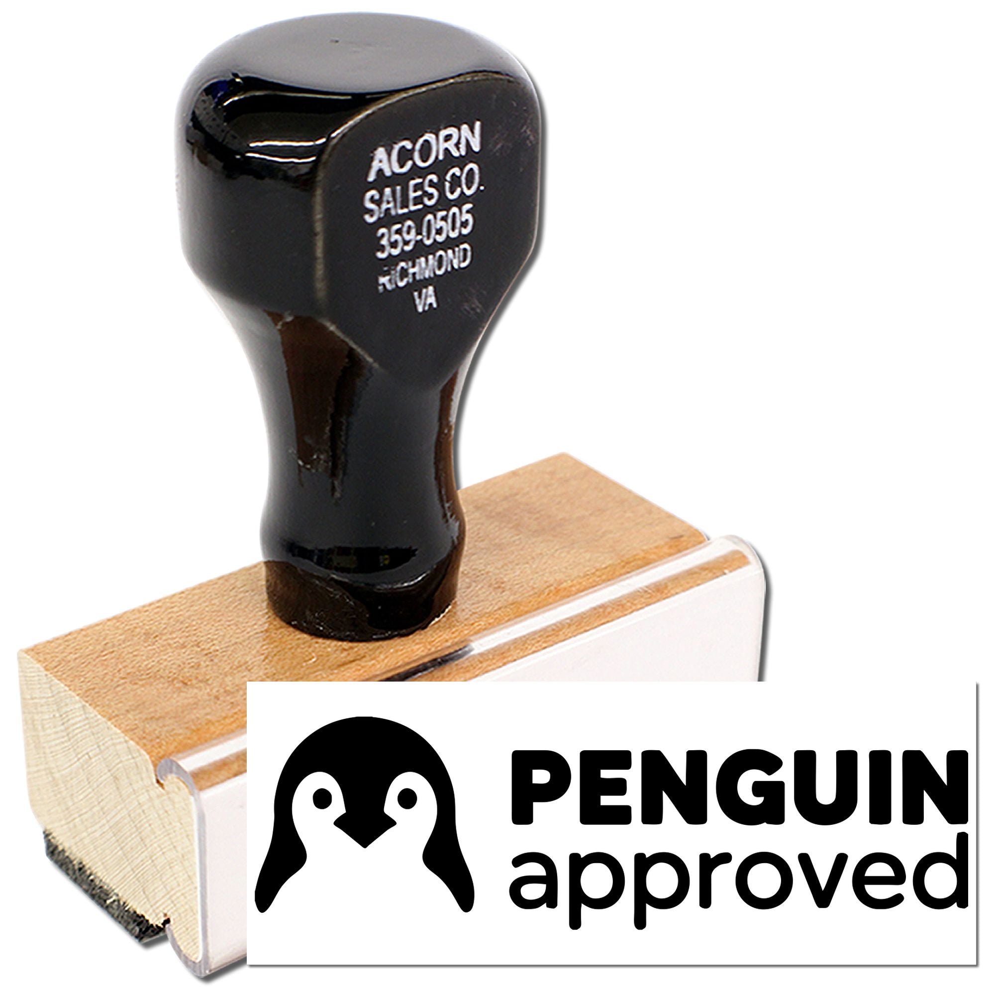 Custom rubber stamp with Penguin Approved logo and Acorn Sales Co. address on wooden handle.
