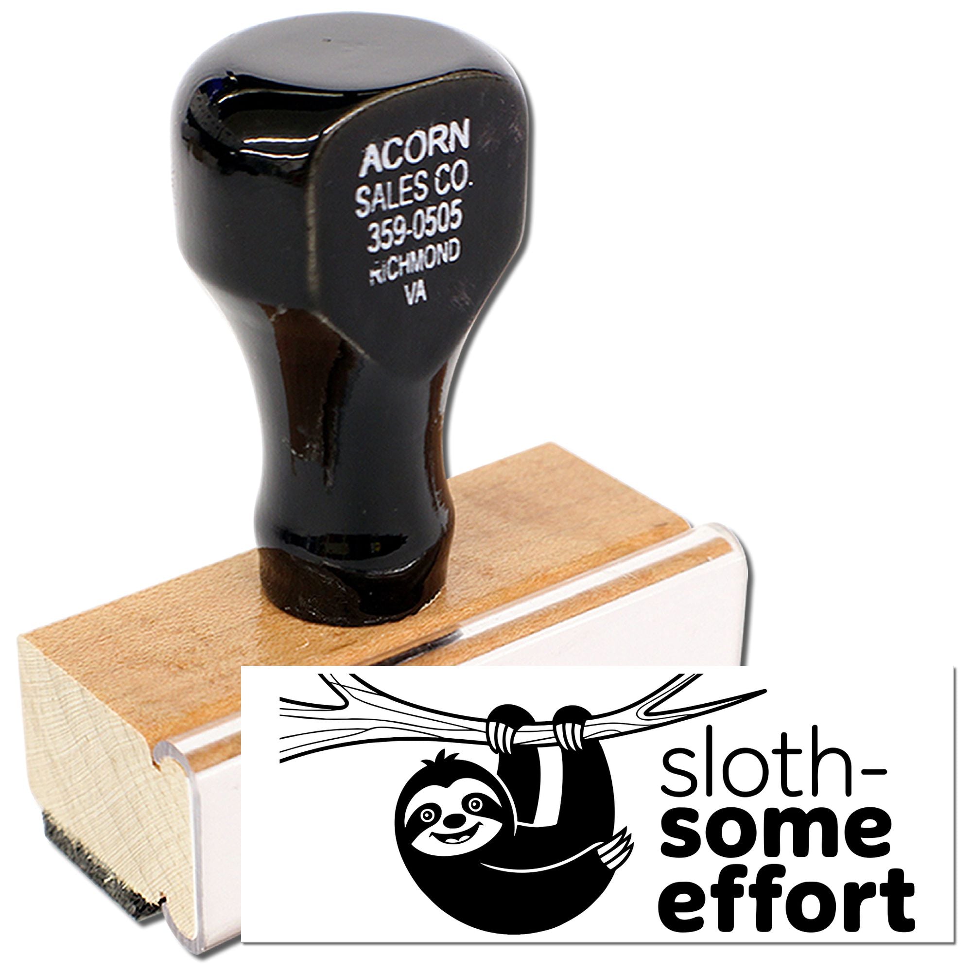 Custom rubber stamp design with Acorn Sales Co. address and sloth-some effort logo, shown on a wooden stamp block.