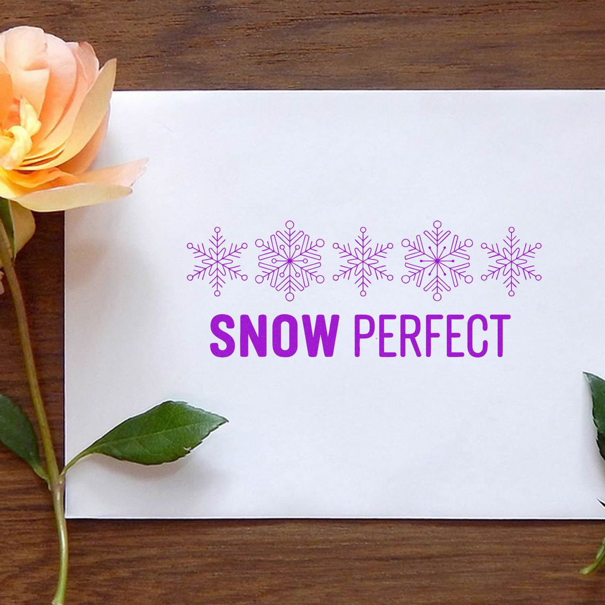 Snow Perfect snowflake rubber stamp design in purple, ideal for winter greeting cards, handmade crafts, and card making.