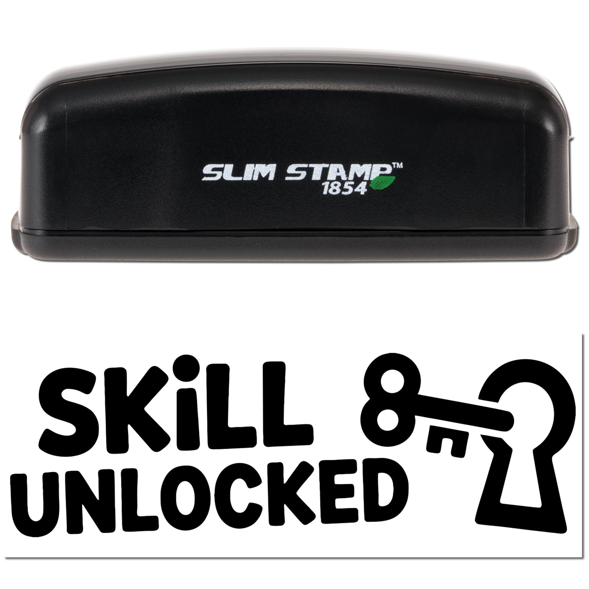 Slim Stamp 1854 custom rubber stamp showing Skill Unlocked with key icon for achievement, reward, or motivational branding.