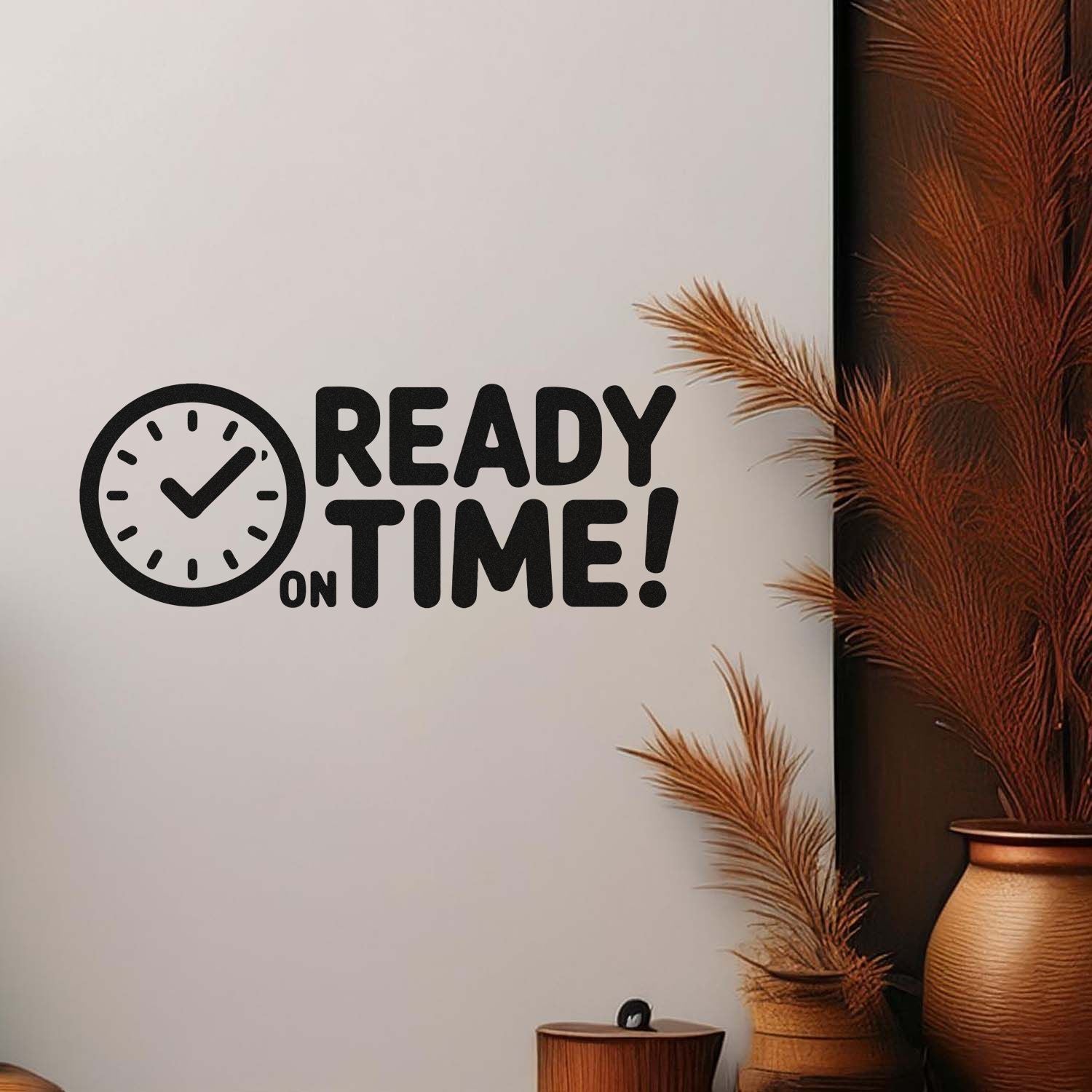 Ready on Time rubber stamp design with clock icon, shown as a wall mockup for fast, on-time business branding.
