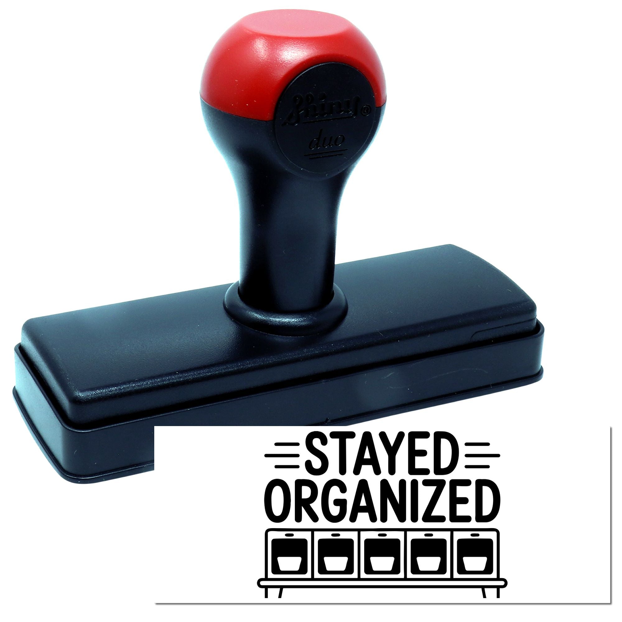 Self-inking rubber stamp with Stayed Organized message for office, classroom, and planner organization.