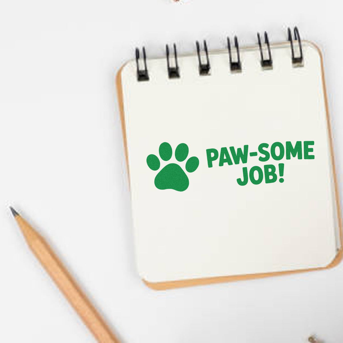 Paw-some job rubber stamp with green paw print for pet-themed reward notes, cards, and classroom crafts.