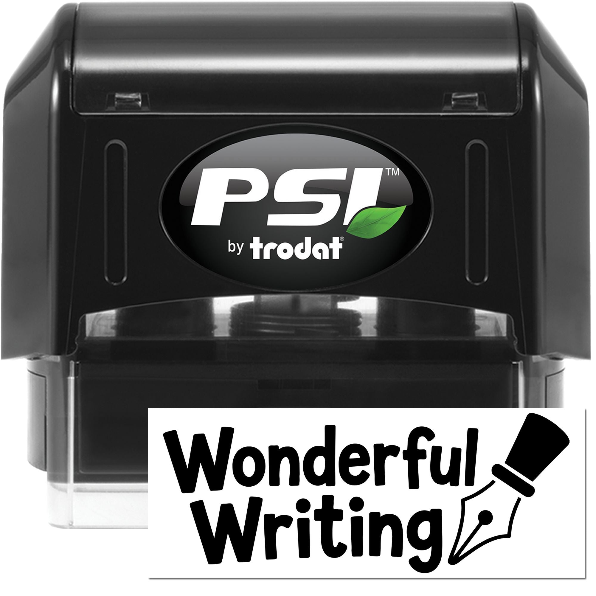 PSI by Trodat self-inking rubber stamp with Wonderful Writing impression for custom office messaging.