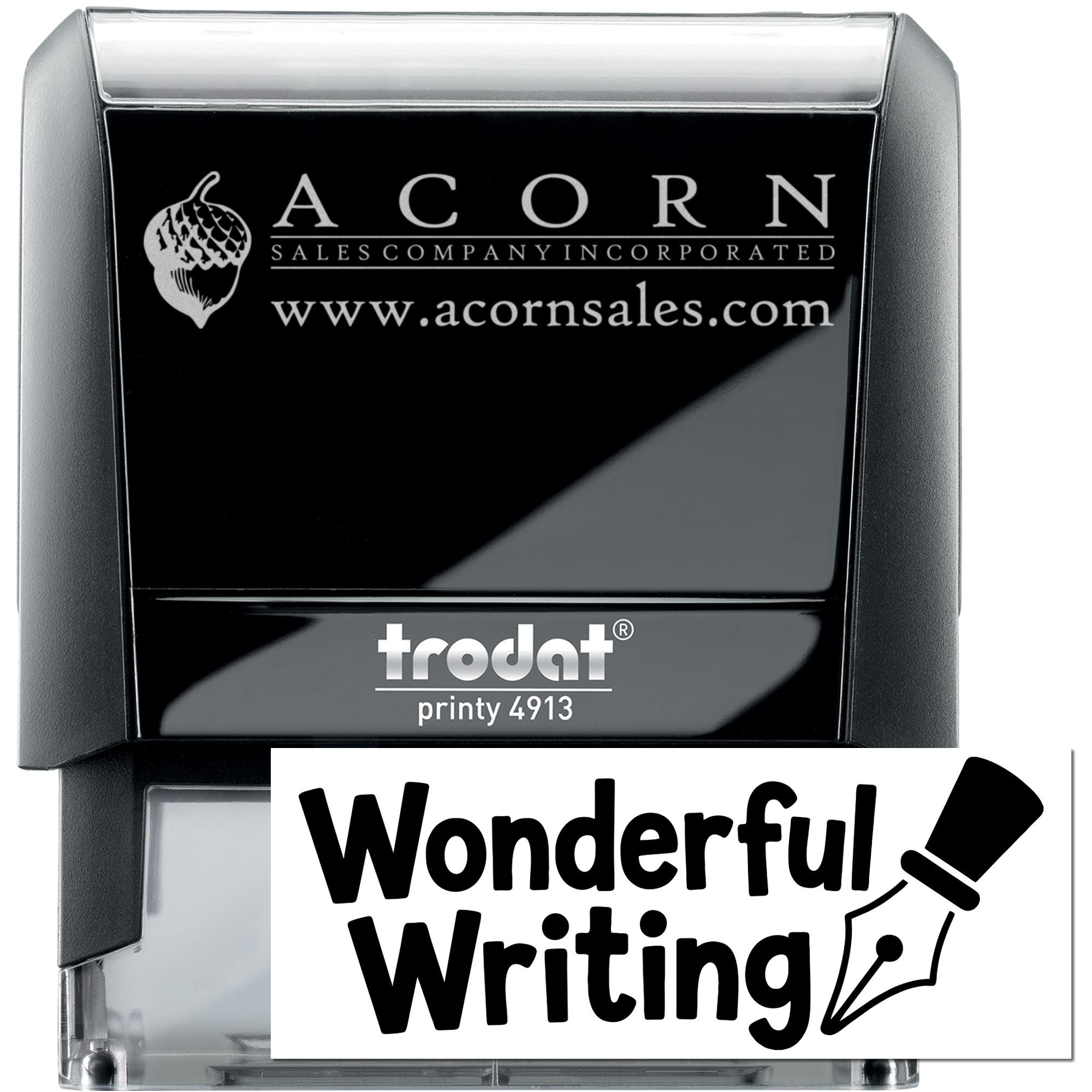 Custom self-inking rubber stamp with Acorn Sales Company logo and Wonderful Writing imprint, Trodat Printy 4913.