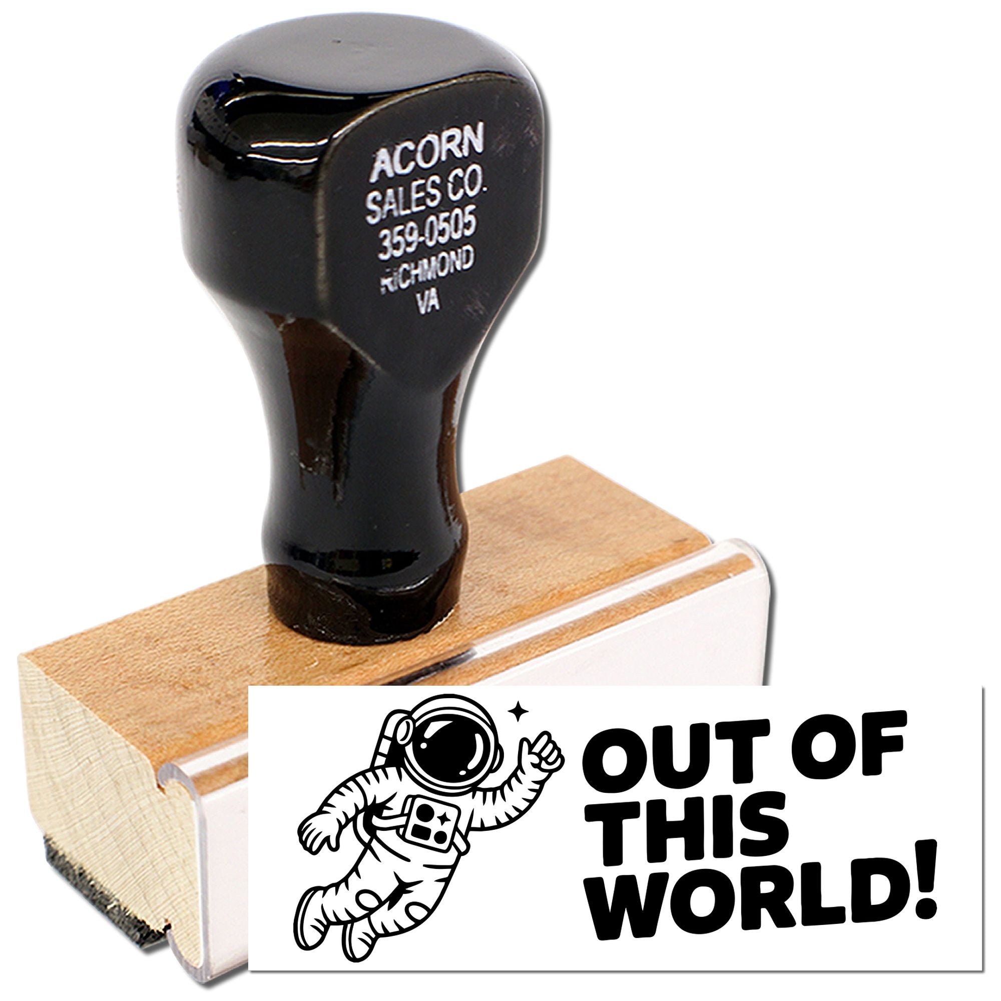 Custom rubber stamp with astronaut and Out of This World design for space-themed cards, crafts, and branding.