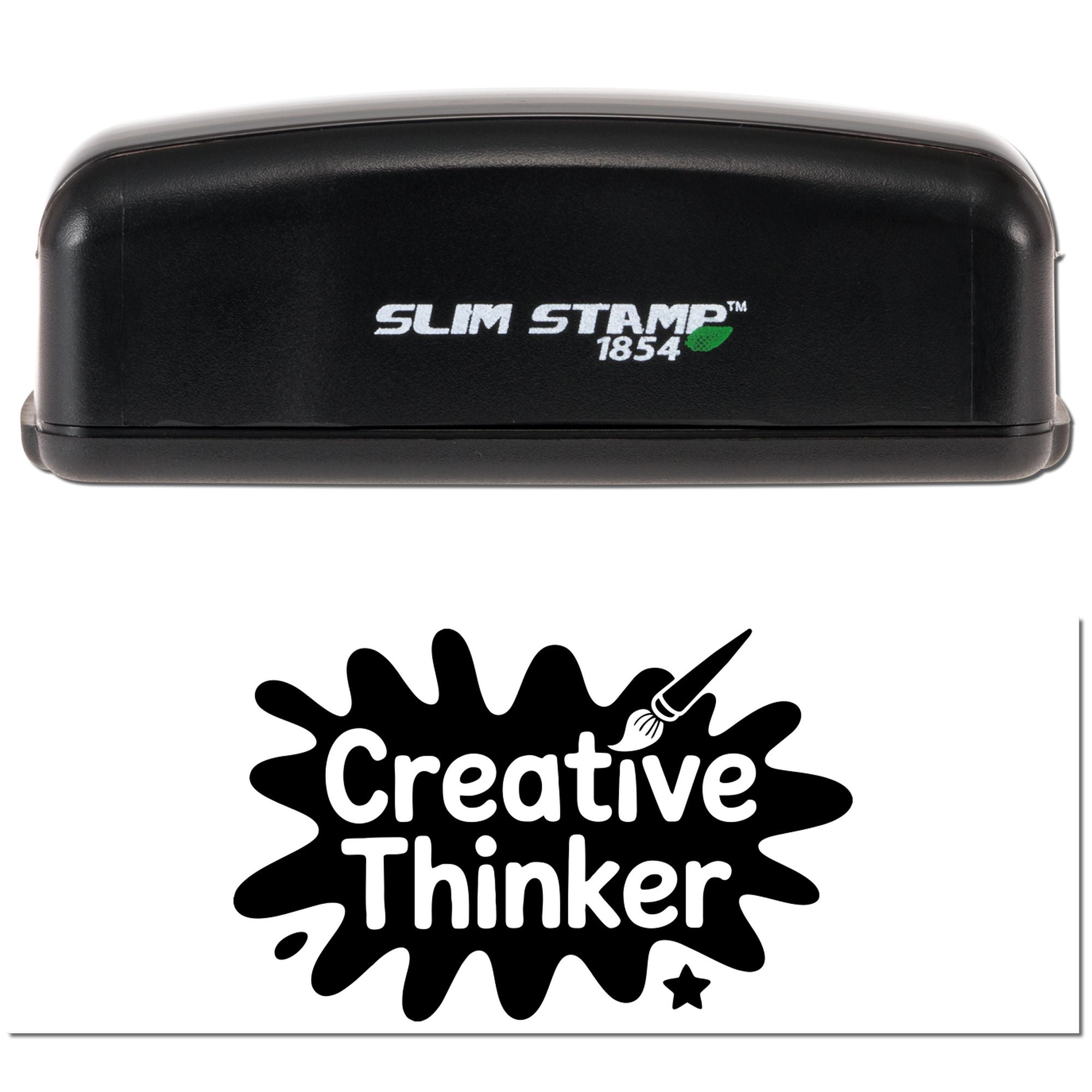 Slim Stamp 1854 self-inking rubber stamp with Creative Thinker paint-splatter logo for custom branding.
