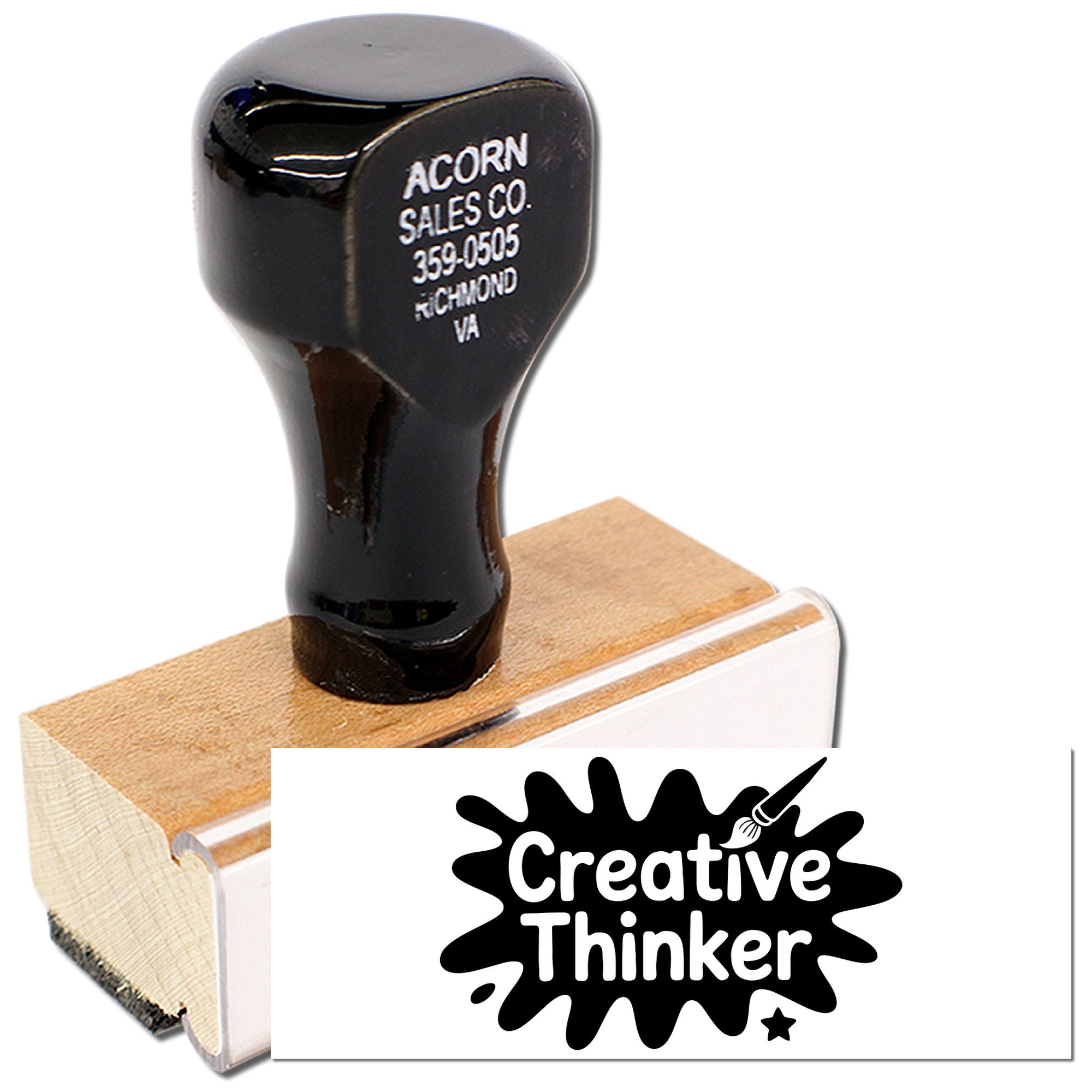 Wooden handle custom logo rubber stamp with business name and address for packaging, stationery, and office use.