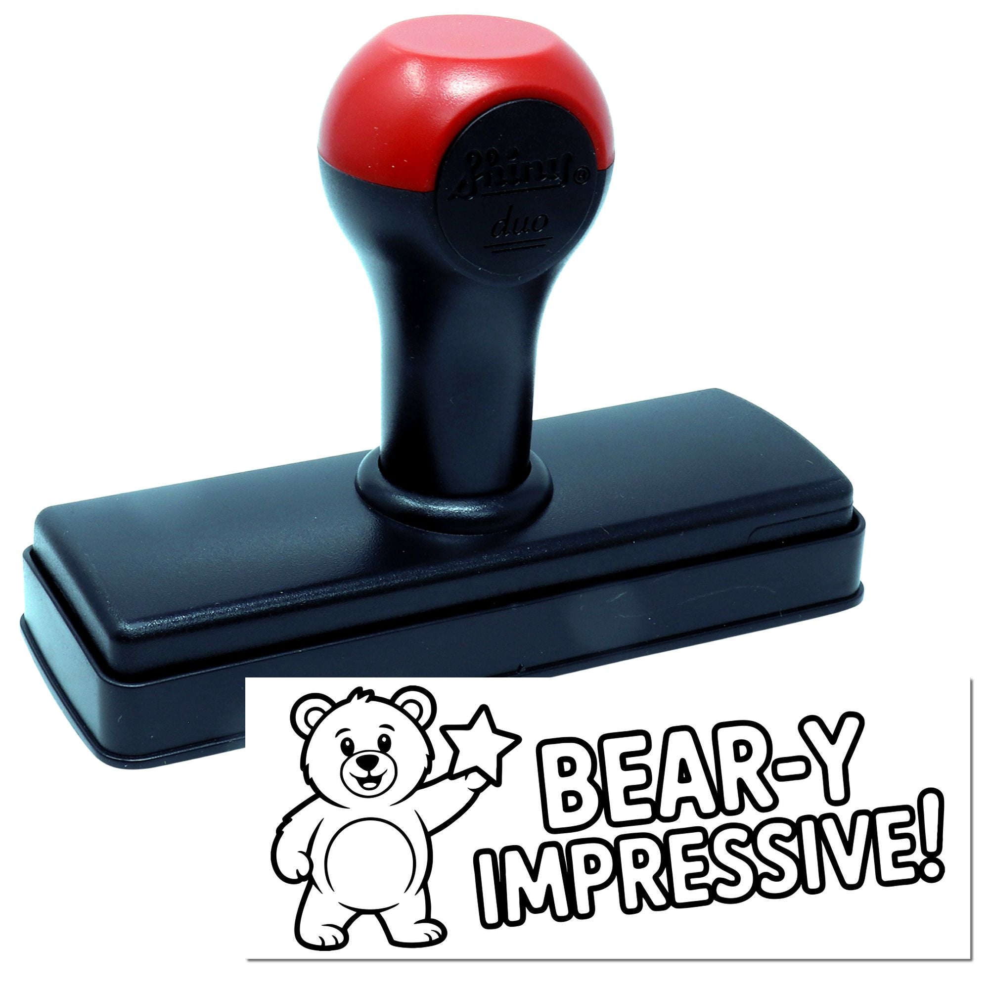 Custom self-inking rubber stamp with bear design and Beary Impressive! imprint.