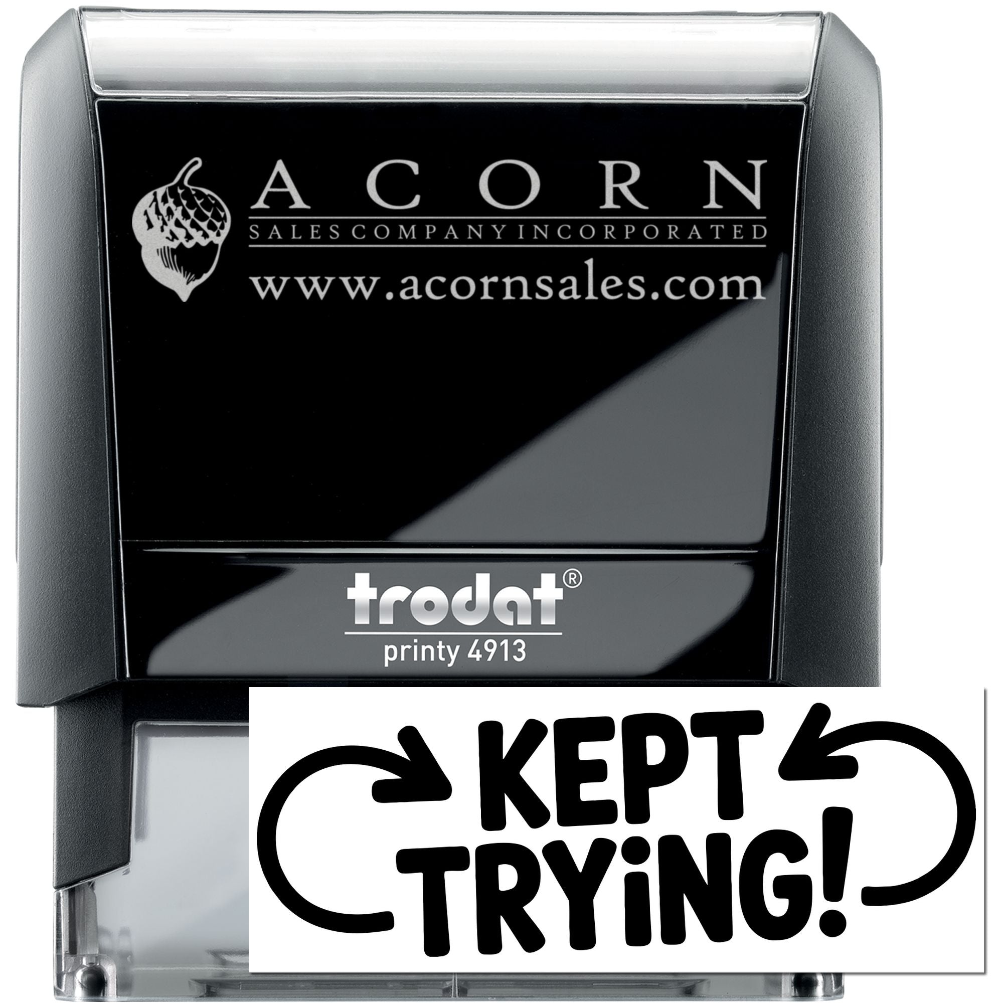 Custom self-inking rubber stamp, Trodat Printy 4913, with Acorn Sales Company logo and website for business branding.