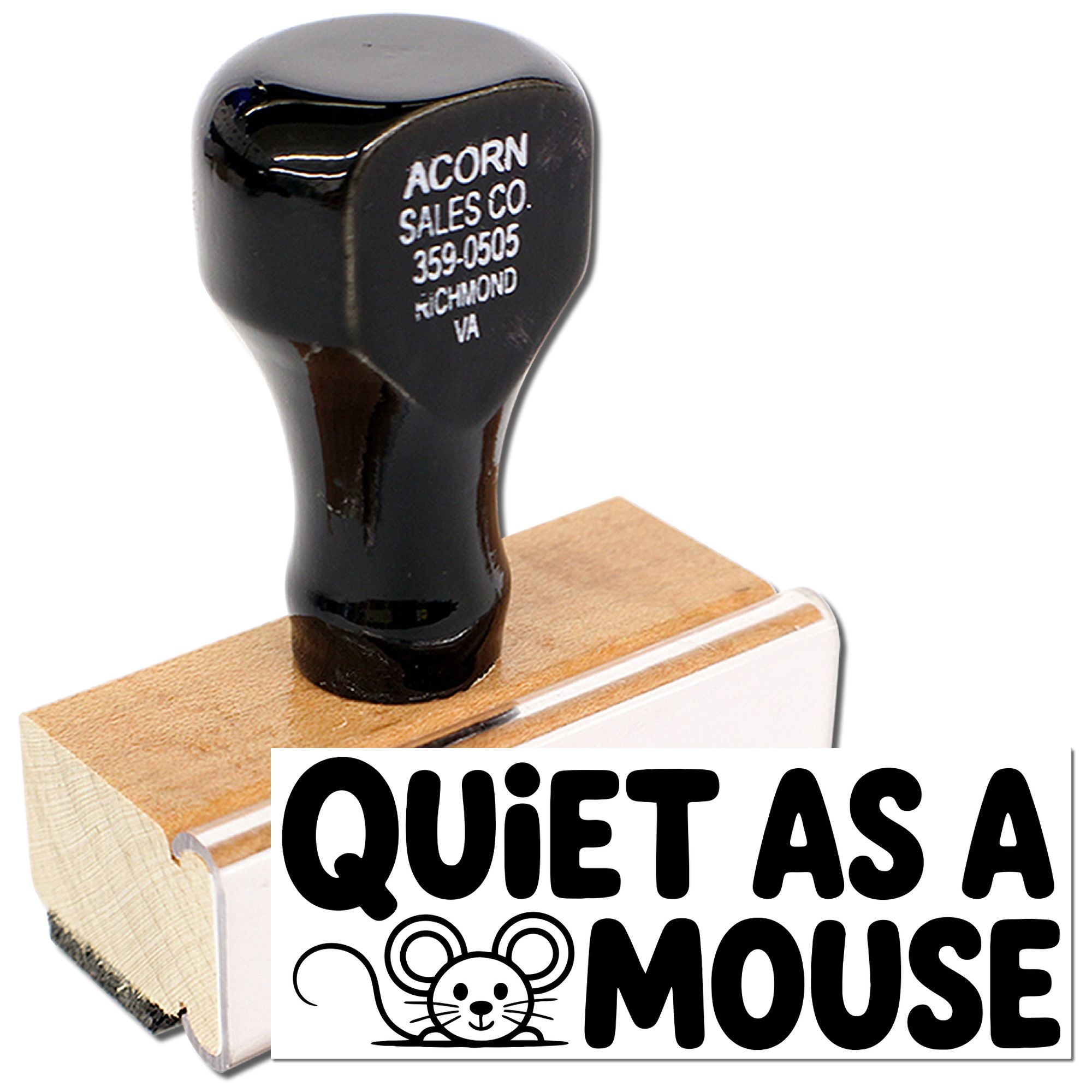 Custom Quiet as a Mouse rubber stamp with mouse icon for playful office, school, or craft use.