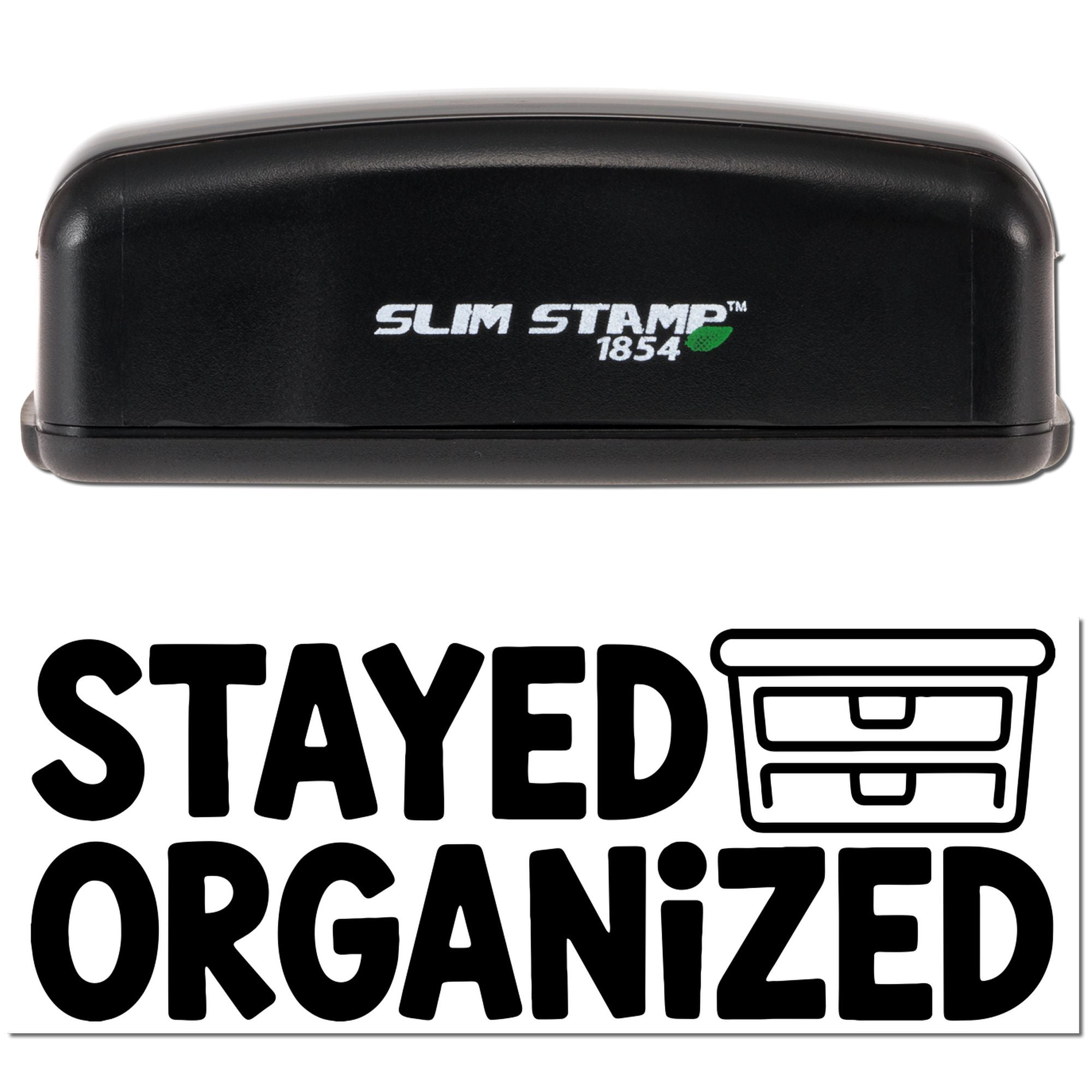 Slim Stamp 1854 self-inking rubber stamp with Stayed Organized office filing design and drawer icon