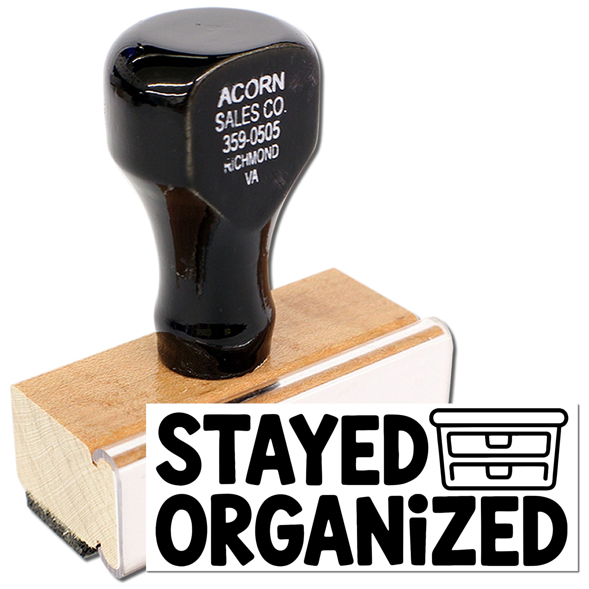 Custom rubber stamp with Stayed Organized message and filing drawer icon for office organization.