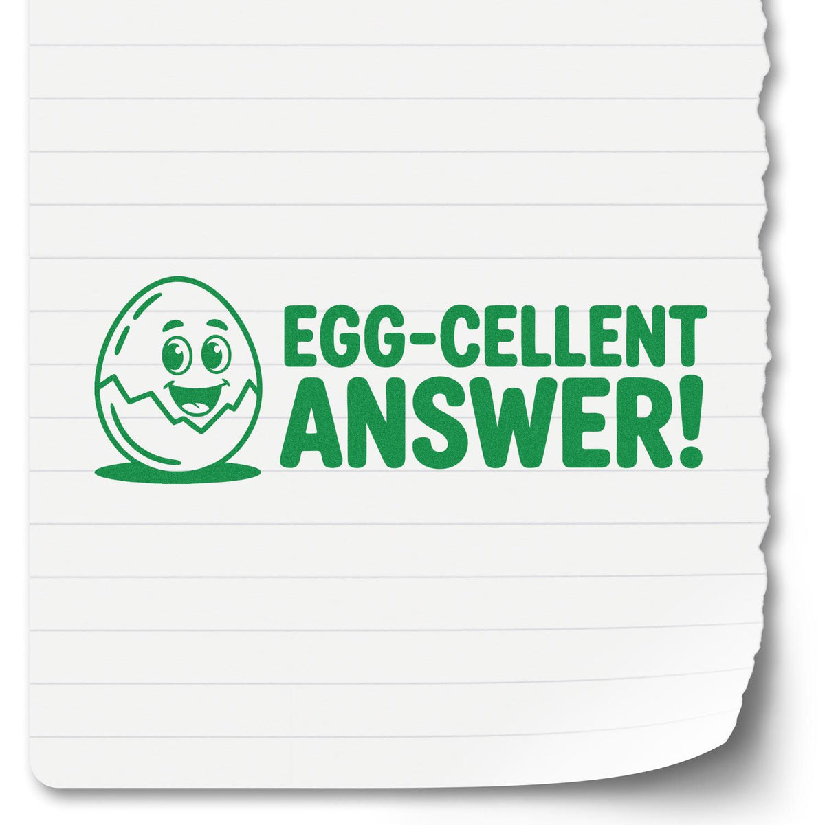 Egg-cellent Answer! green rubber stamp with smiling egg illustration for grading papers and classroom feedback