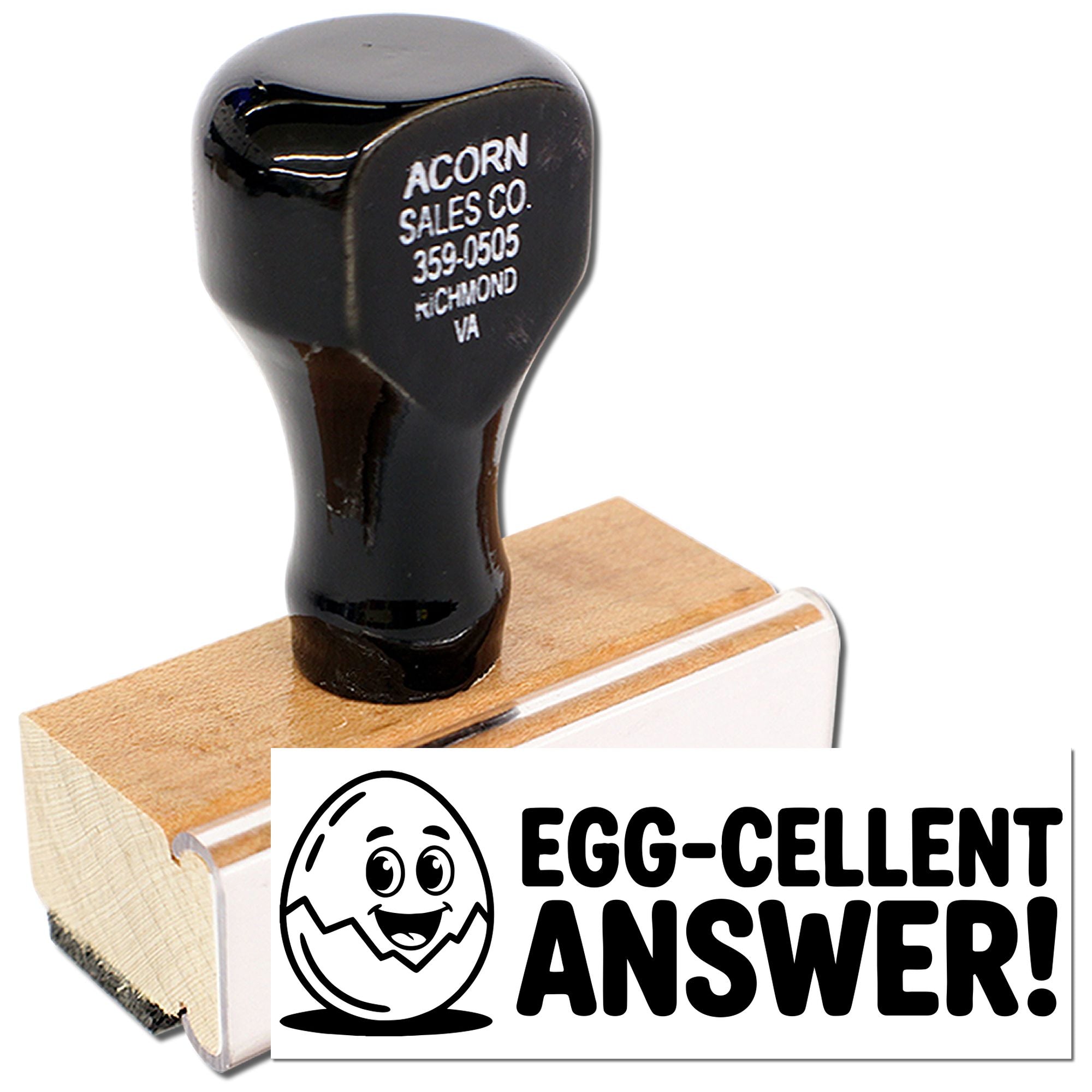 Custom rubber stamp with Egg-cellent Answer! design for grading papers, featuring a smiling egg and bold teacher feedback text.