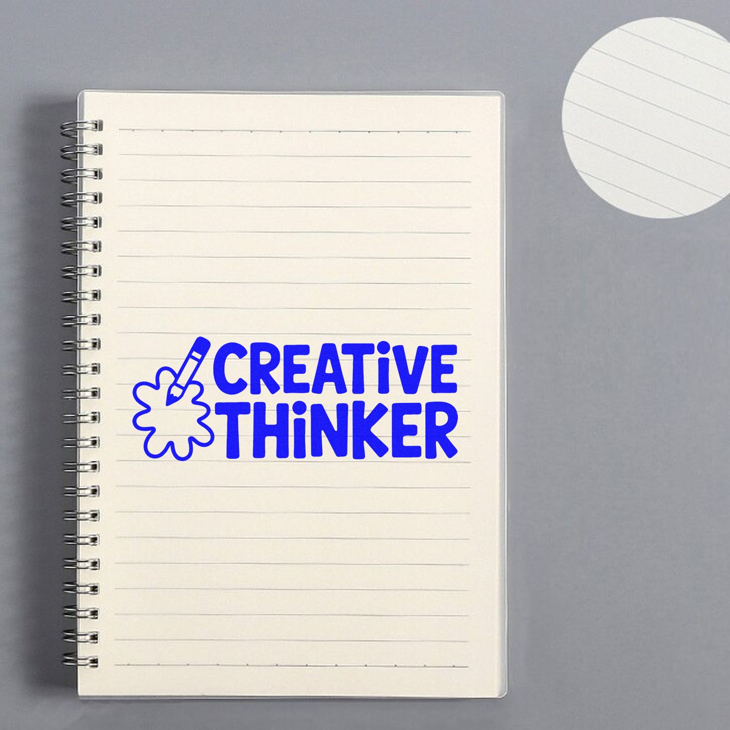 Creative Thinker rubber stamp imprint on a lined notebook page, ideal for custom office or classroom branding.