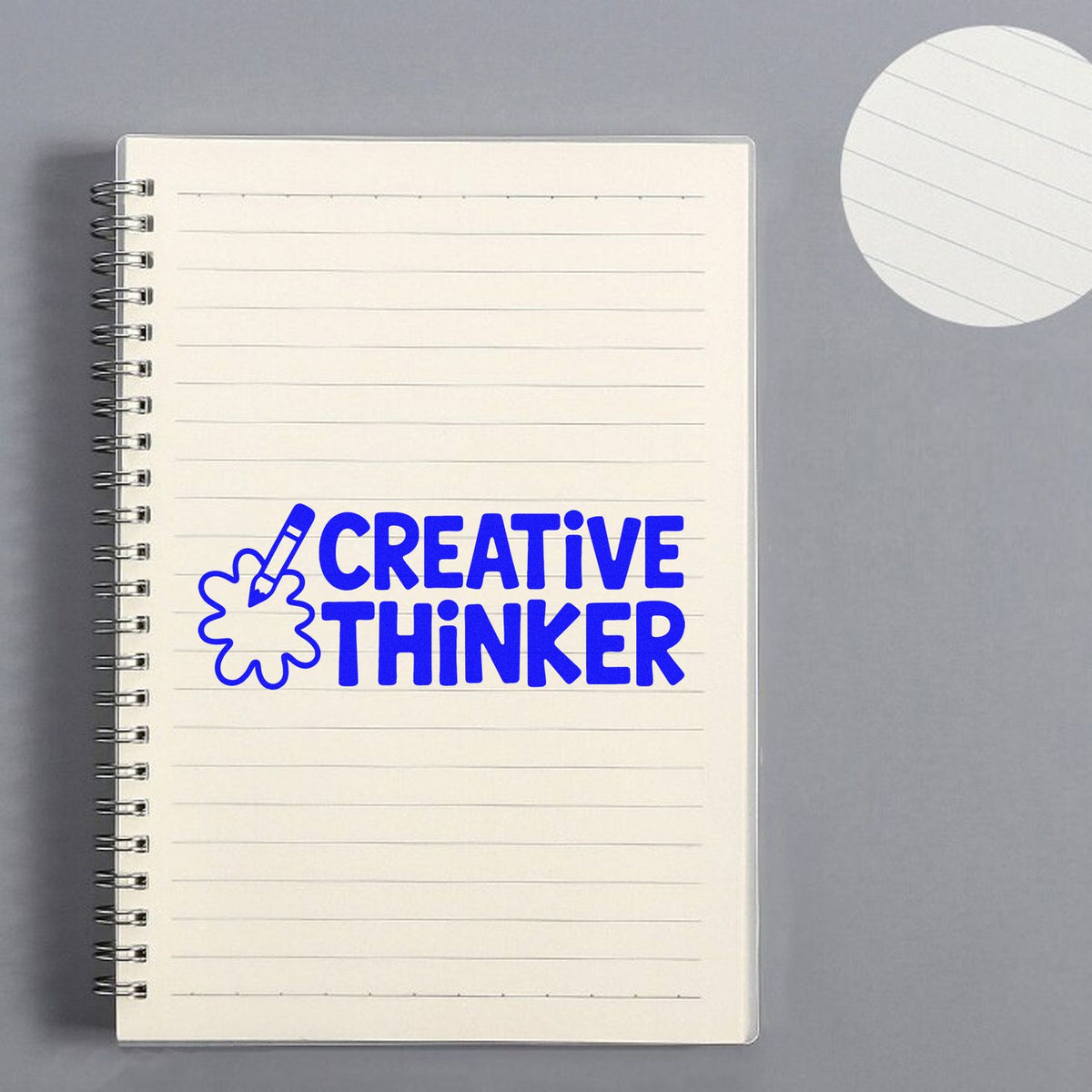 Creative Thinker rubber stamp design on lined notebook mockup for teachers, planners, and craft projects.