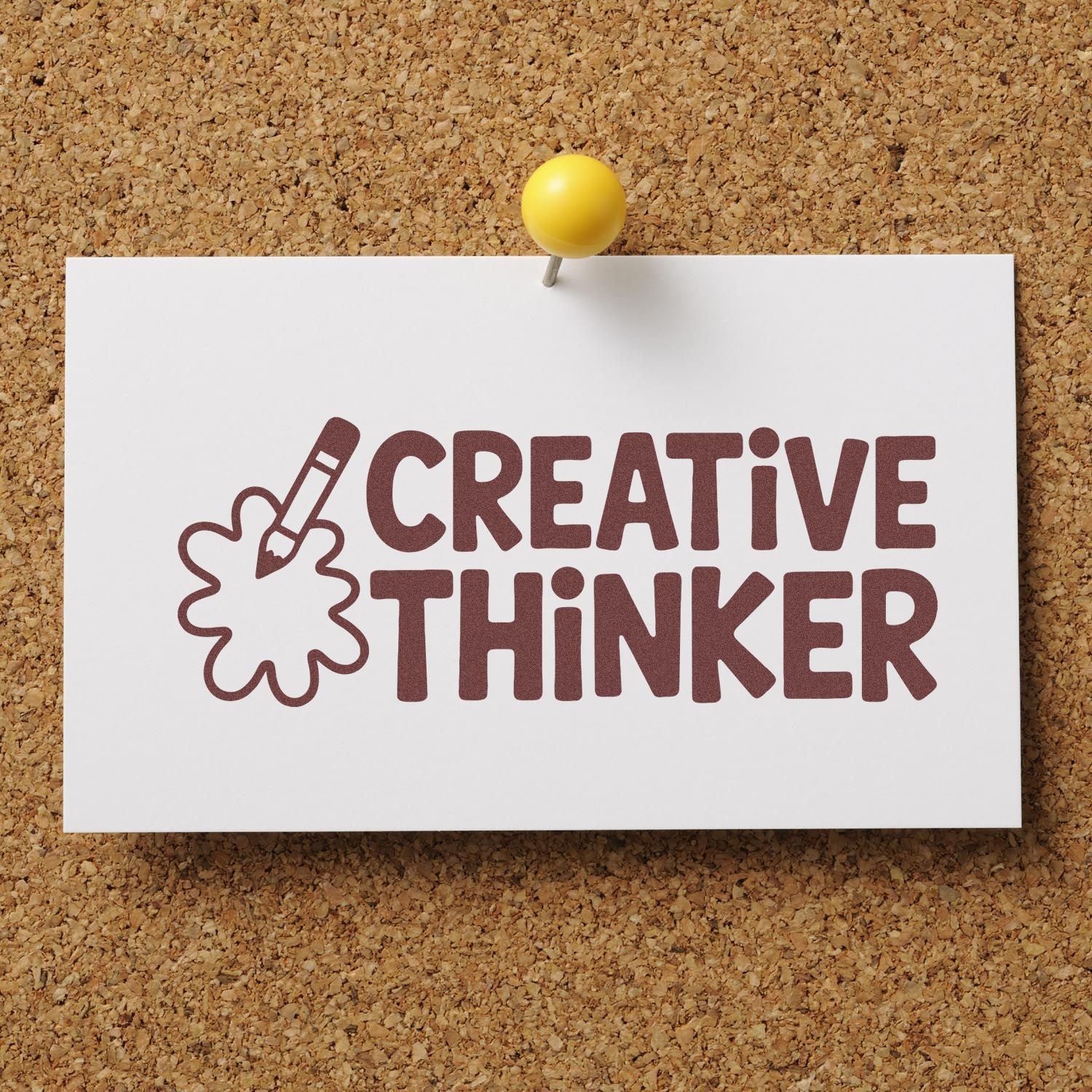 Creative Thinker rubber stamp design with pencil and flower icon for crafting, journaling, and stationery branding.