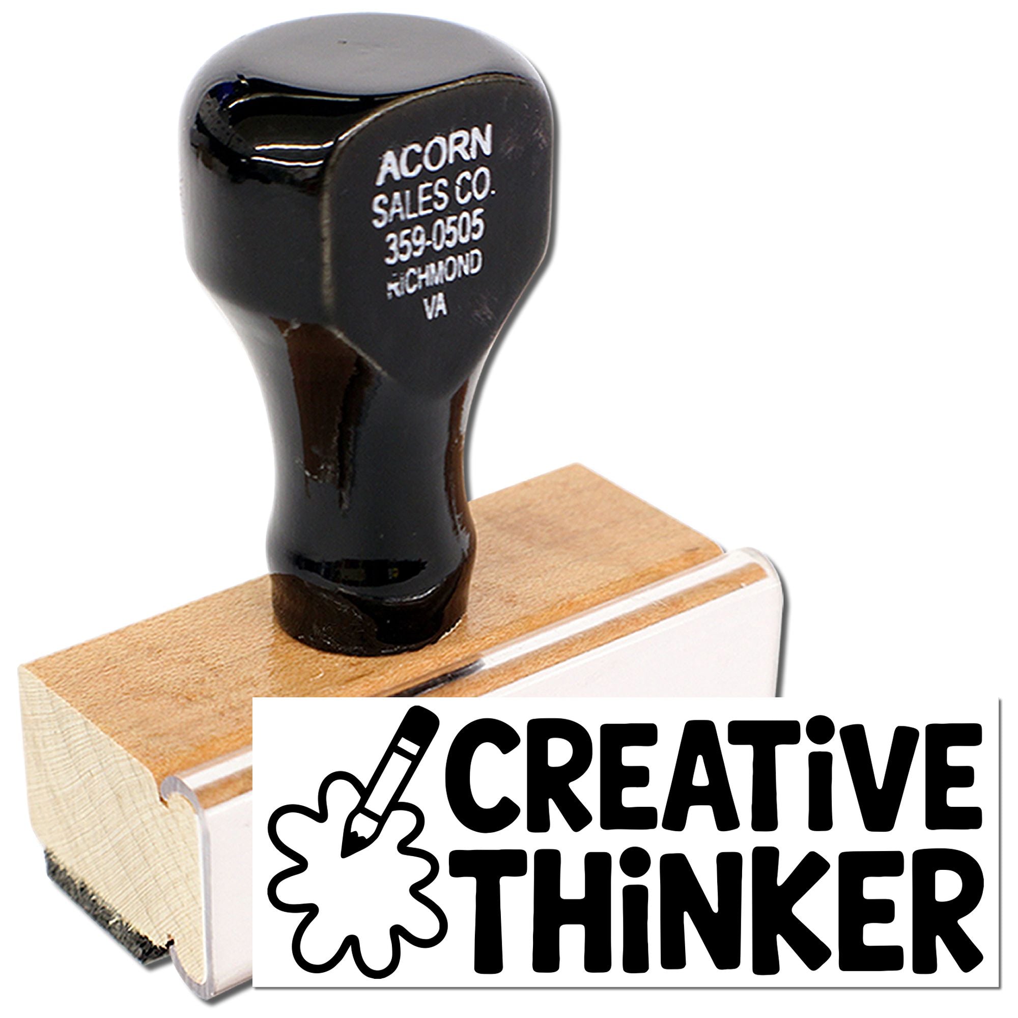 Custom rubber stamp reading Creative Thinker with Acorn Sales Co. imprint, ideal for branding, office, and craft use.