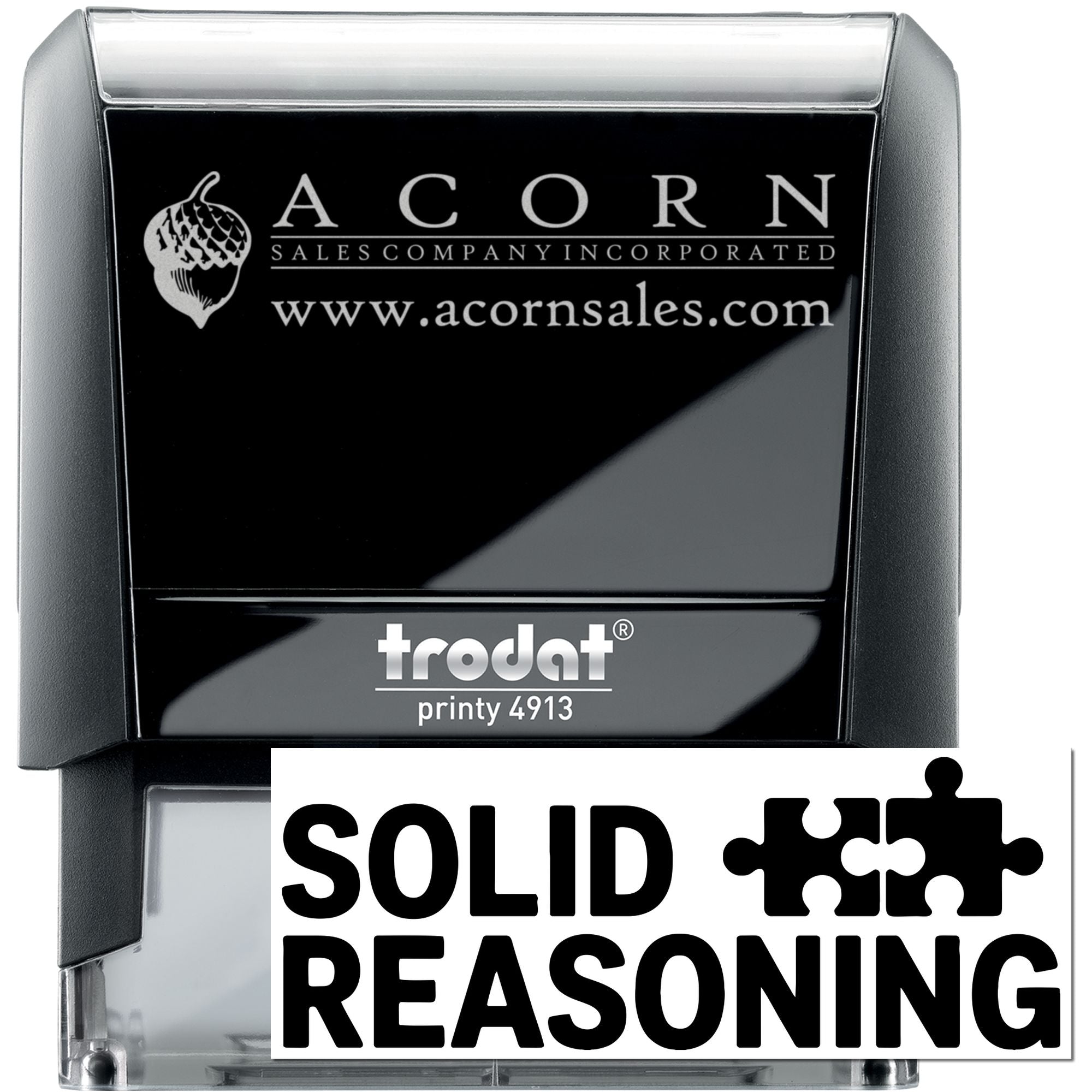Custom self-inking rubber stamp Trodat Printy 4913 with Acorn Sales Company logo, website, and Solid Reasoning branding.