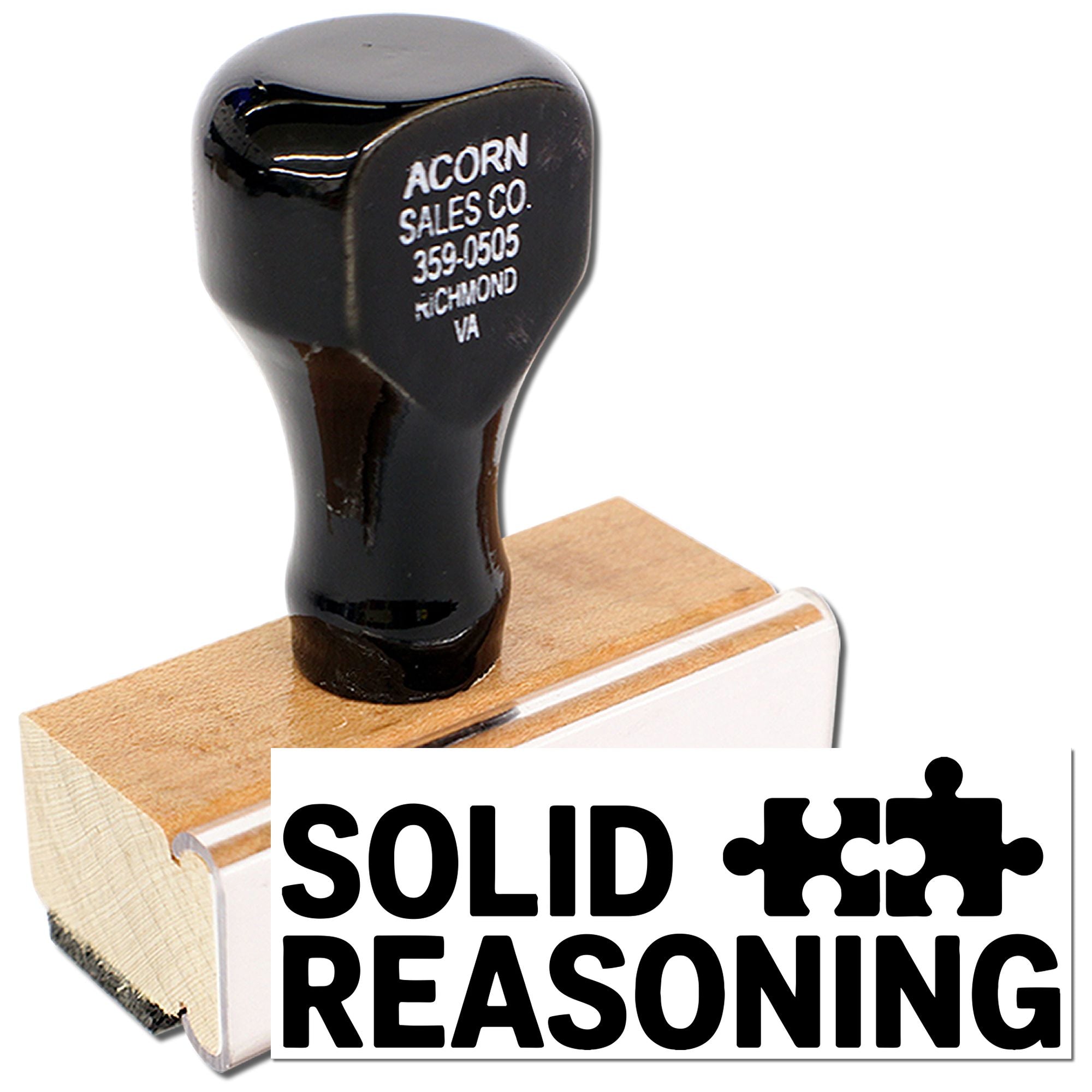 Custom rubber stamp with Solid Reasoning puzzle-piece logo, ideal for business branding, packaging, and documents.