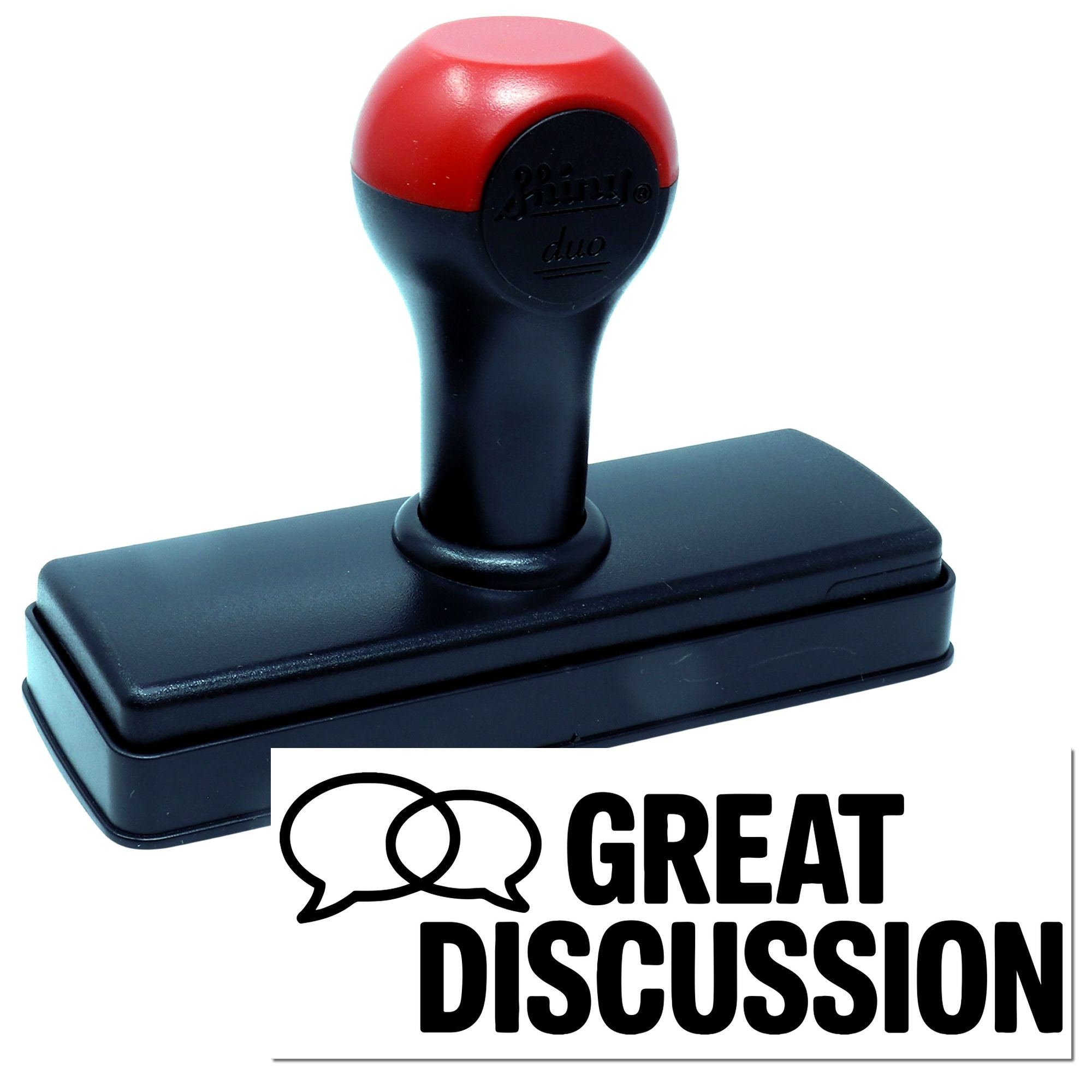 Self-inking rubber stamp with Great Discussion imprint for classroom feedback, meetings, and office use.