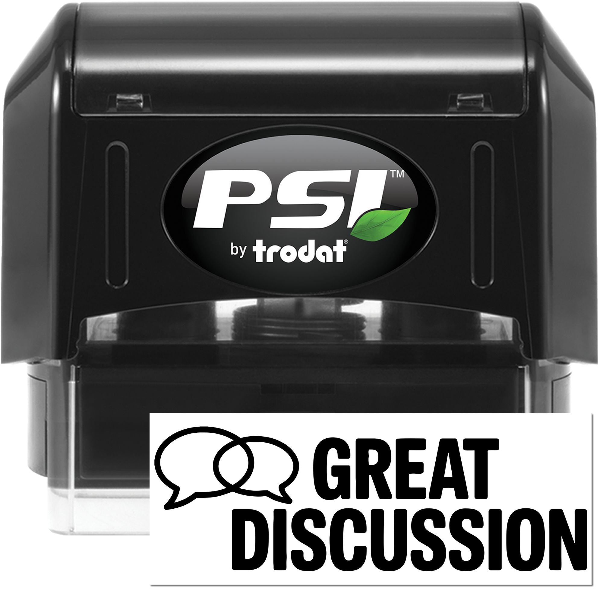 PSI by Trodat self-inking rubber stamp with Great Discussion impression for teacher feedback and office use.