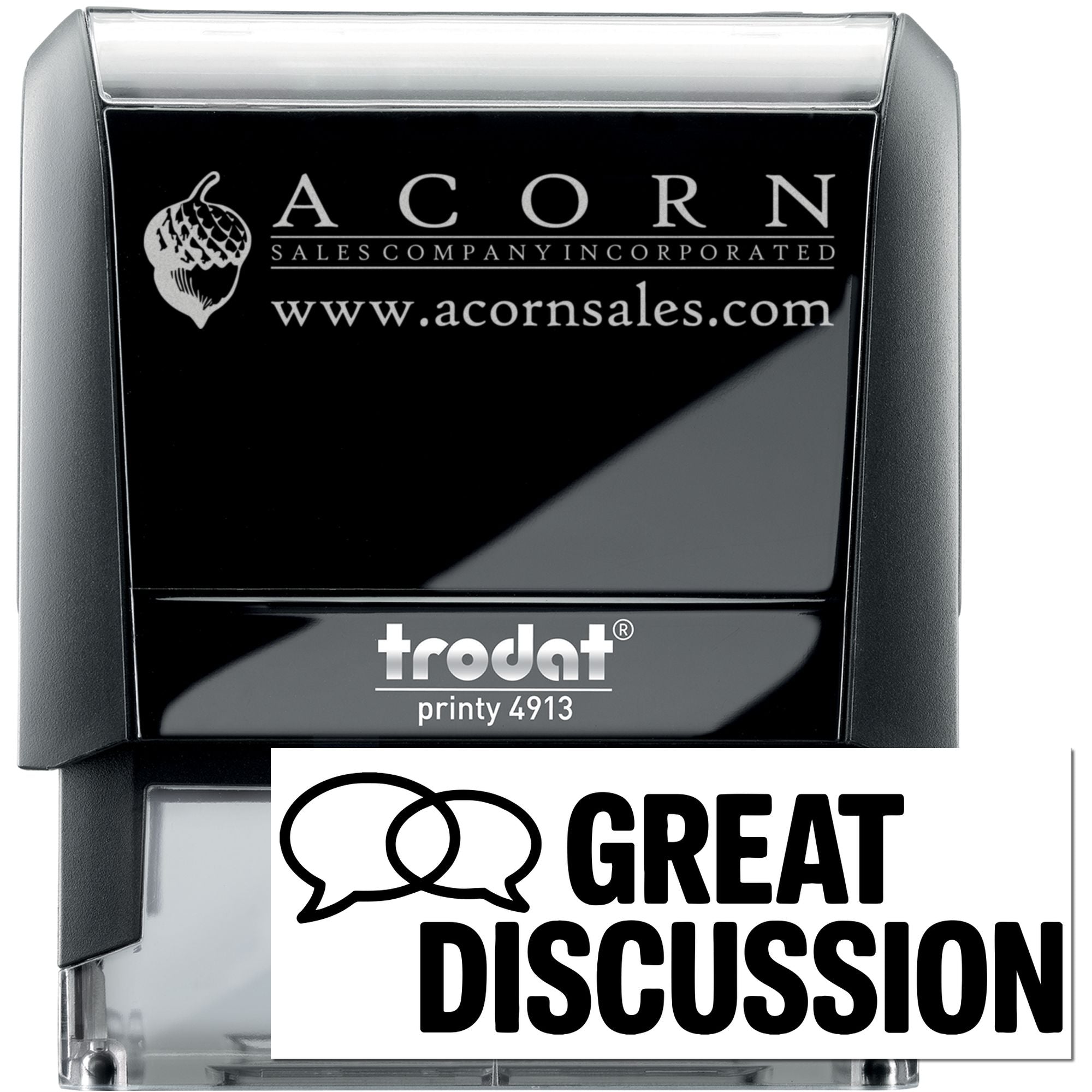 Custom Trodat Printy 4913 self-inking rubber stamp with Acorn Sales Company logo and website imprint.